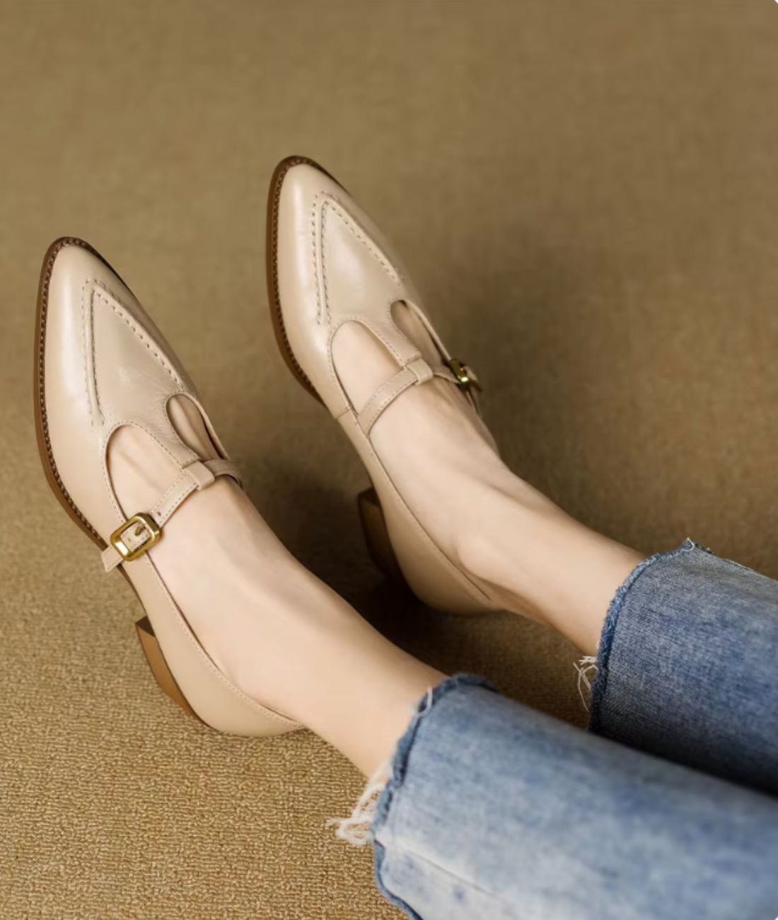 Women’s Low Heel Leather Pointed Toe Loafers Sand Beige