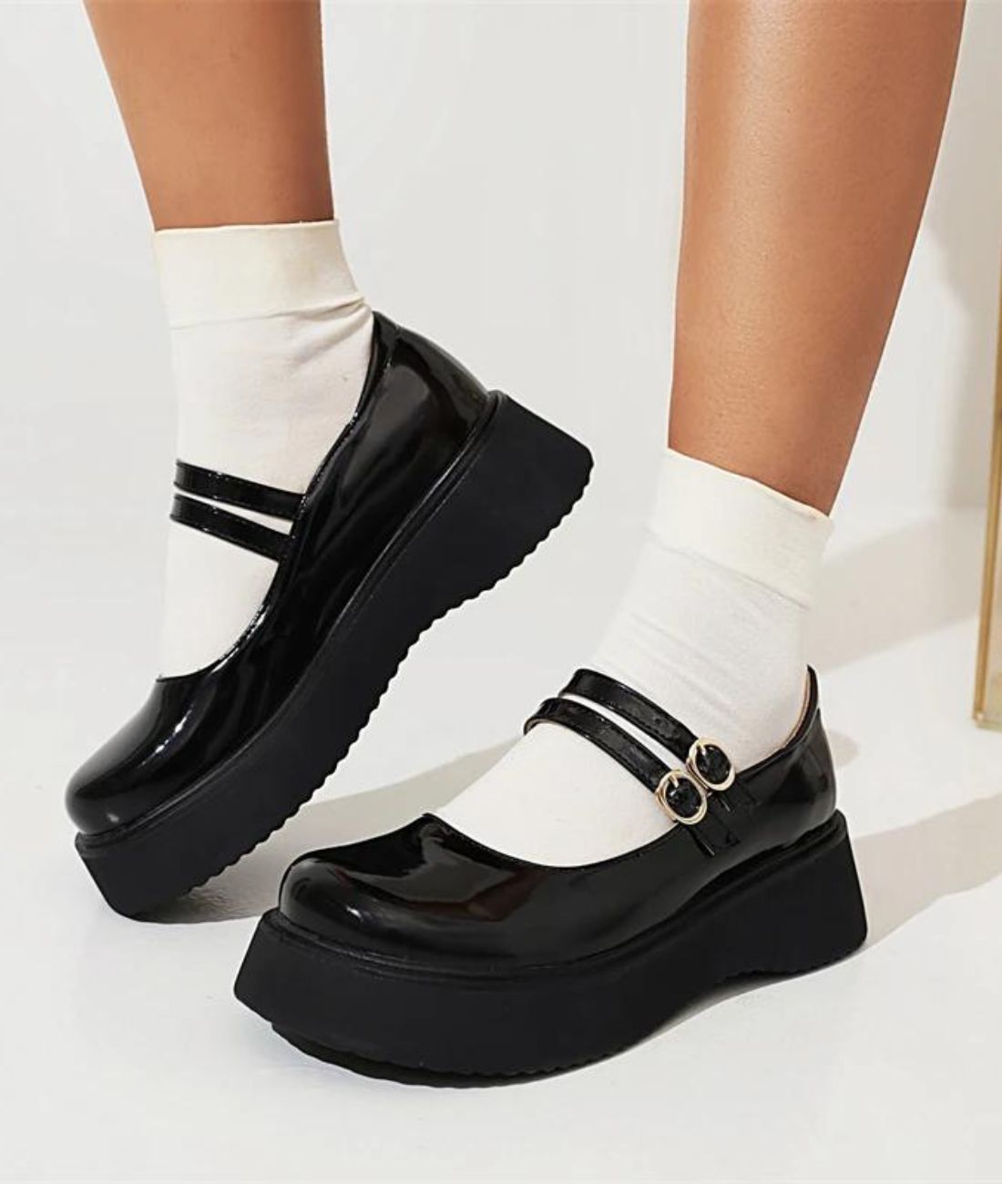Womens Platform Patent Leather Round Toe Loafers Deep Black