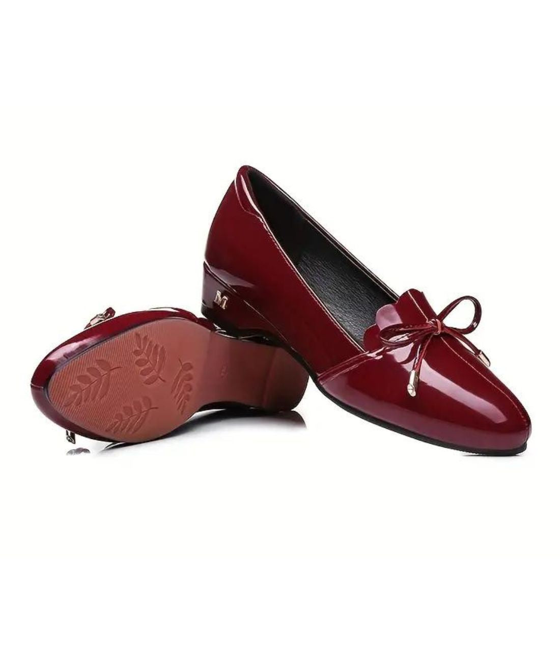 Women’s Low Heel Patent Leather Round Toe Loafers Burgundy