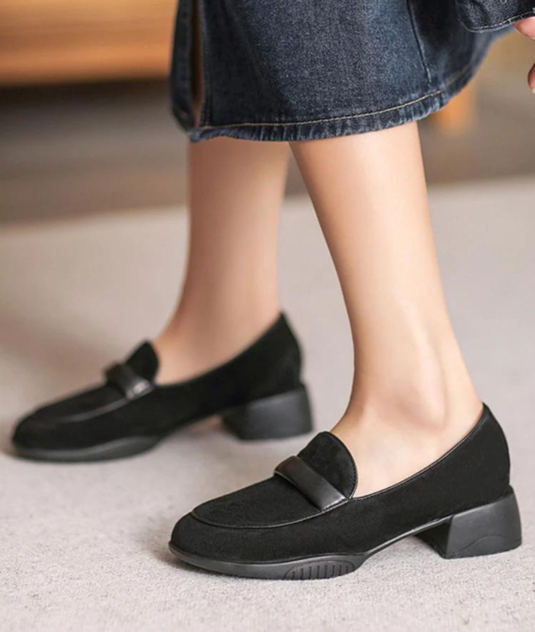 Women’s Heeled Suede Loafers Deep Black