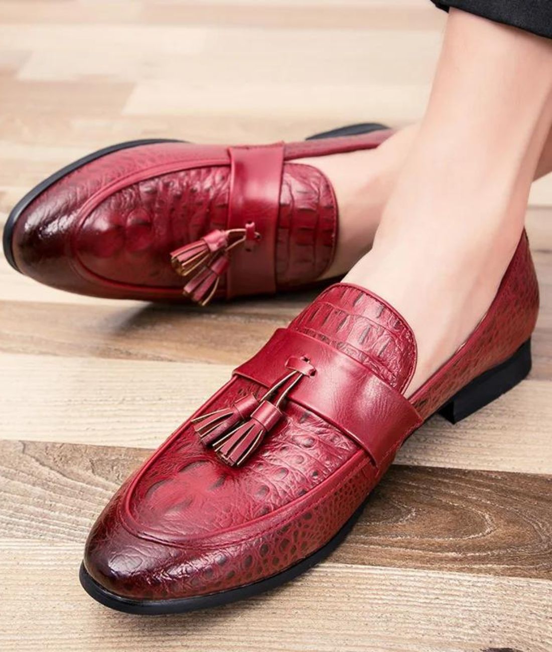 Men’s Low Heel Patent Leather Loafers Vermilion Red
