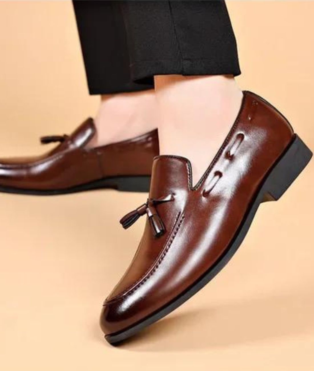 Men’s Tassel Leather Loafers Cognac Brown Pointed Toe
