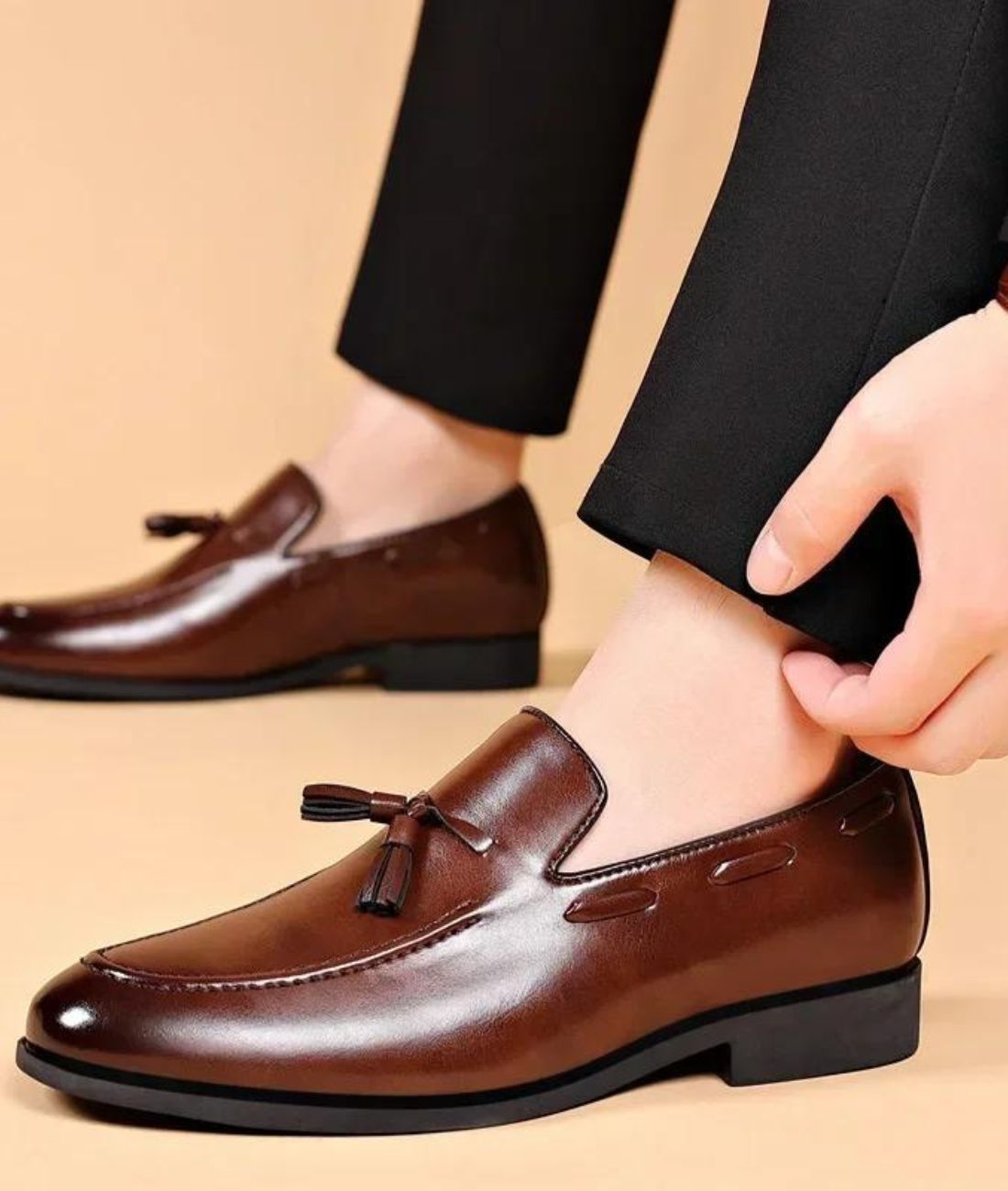Men’s Tassel Leather Loafers Cognac Brown Pointed Toe