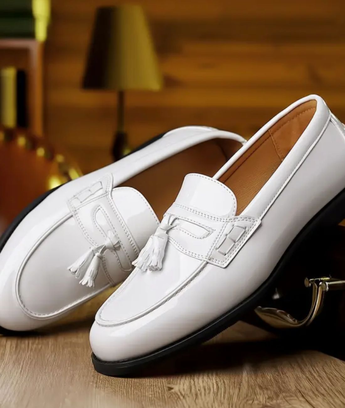 Men’s Tassel Patent Leather Loafers Off White