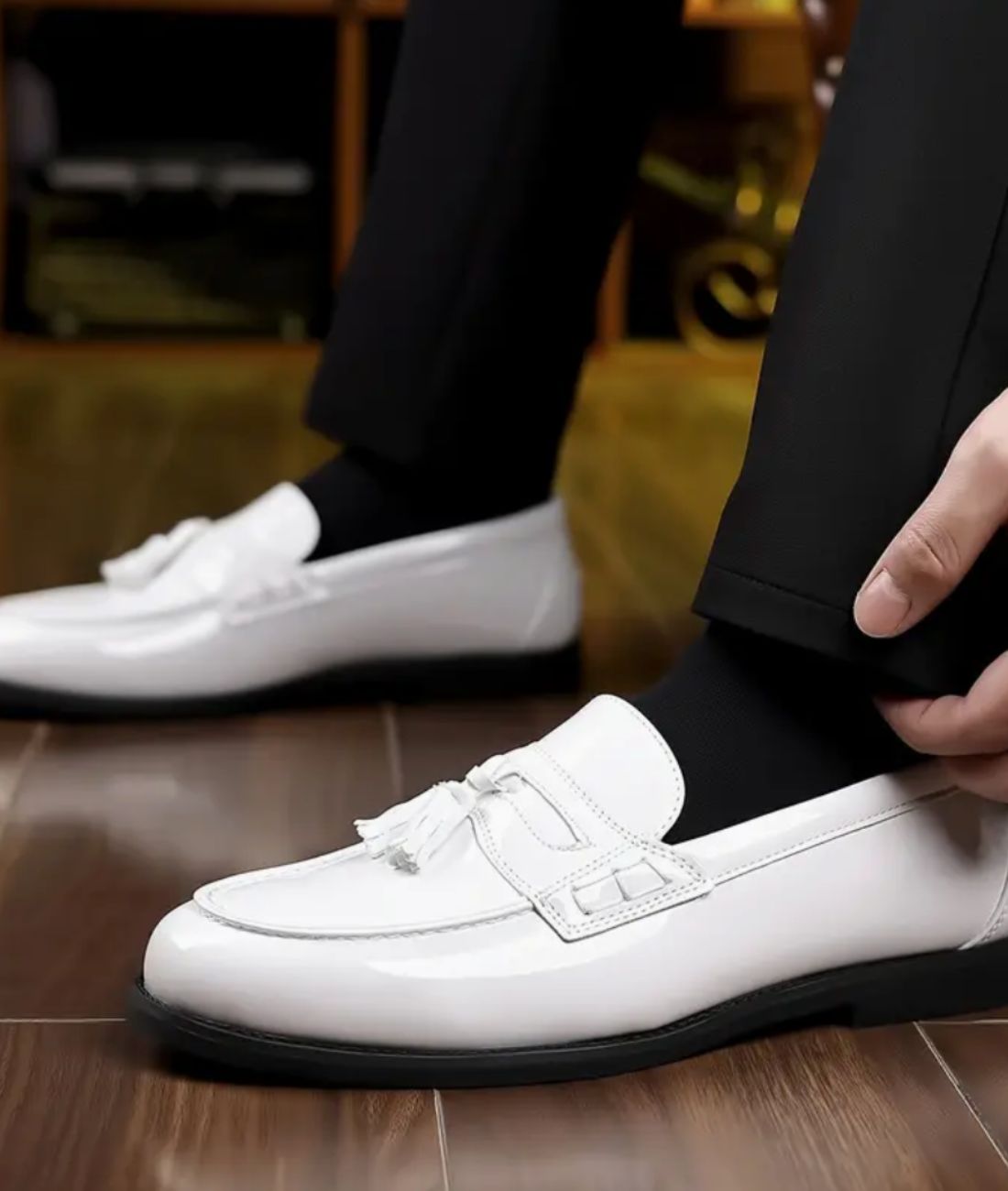 Men’s Tassel Patent Leather Loafers Off White