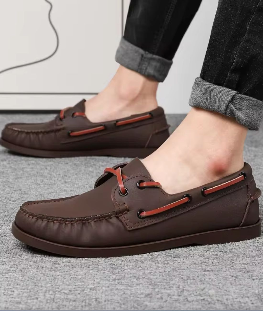 Men’s Lace Up Boat Suede Loafers Cognac Brown