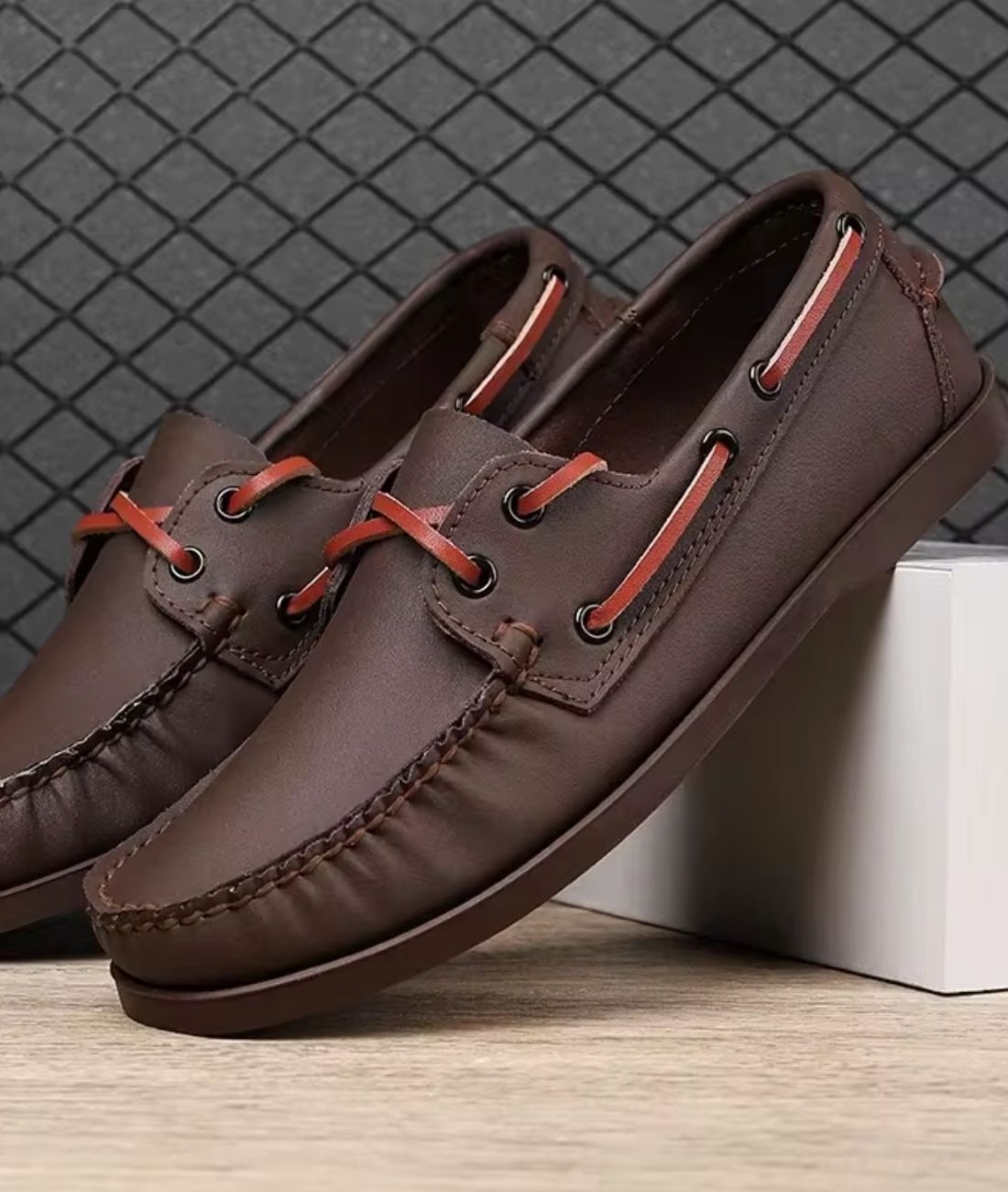 Men’s Lace Up Boat Suede Loafers Cognac Brown