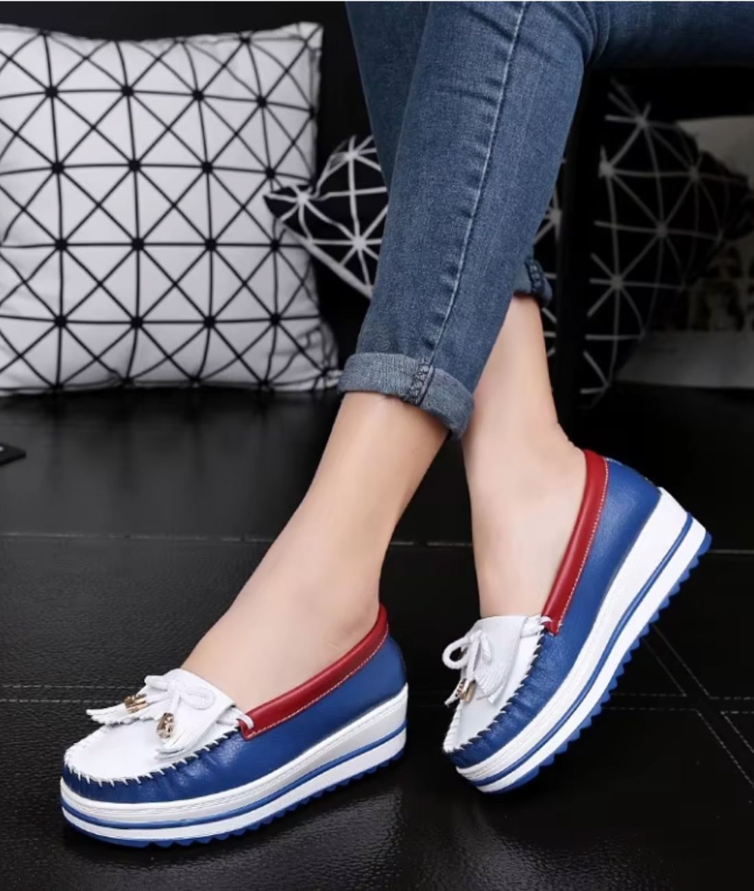 Womens Platform Leather Loafers Blue
