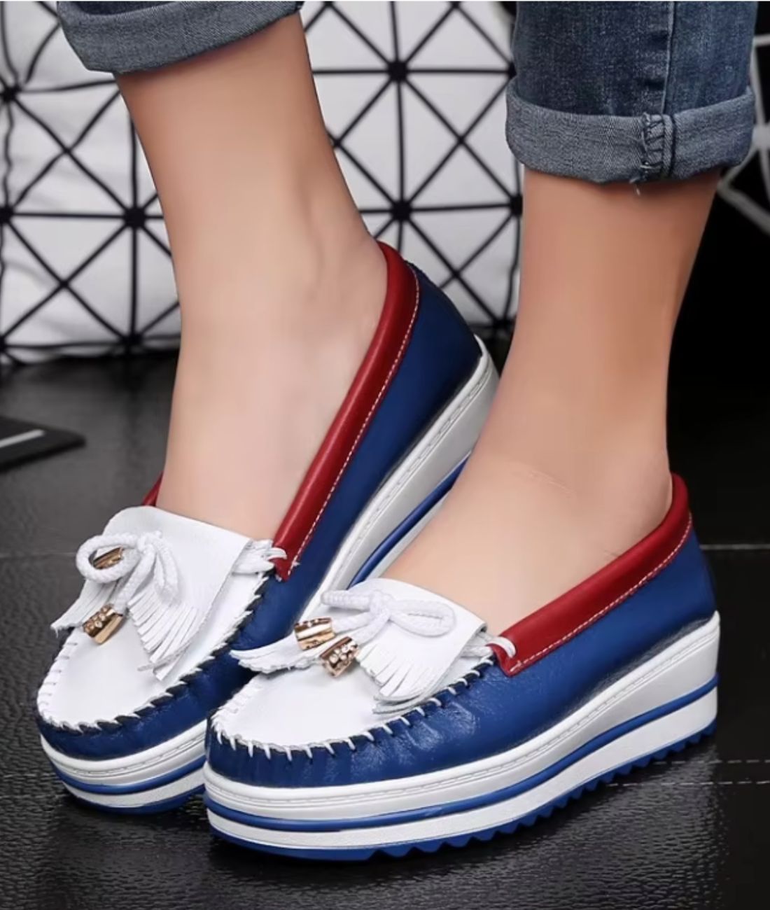 Womens Platform Leather Loafers Blue