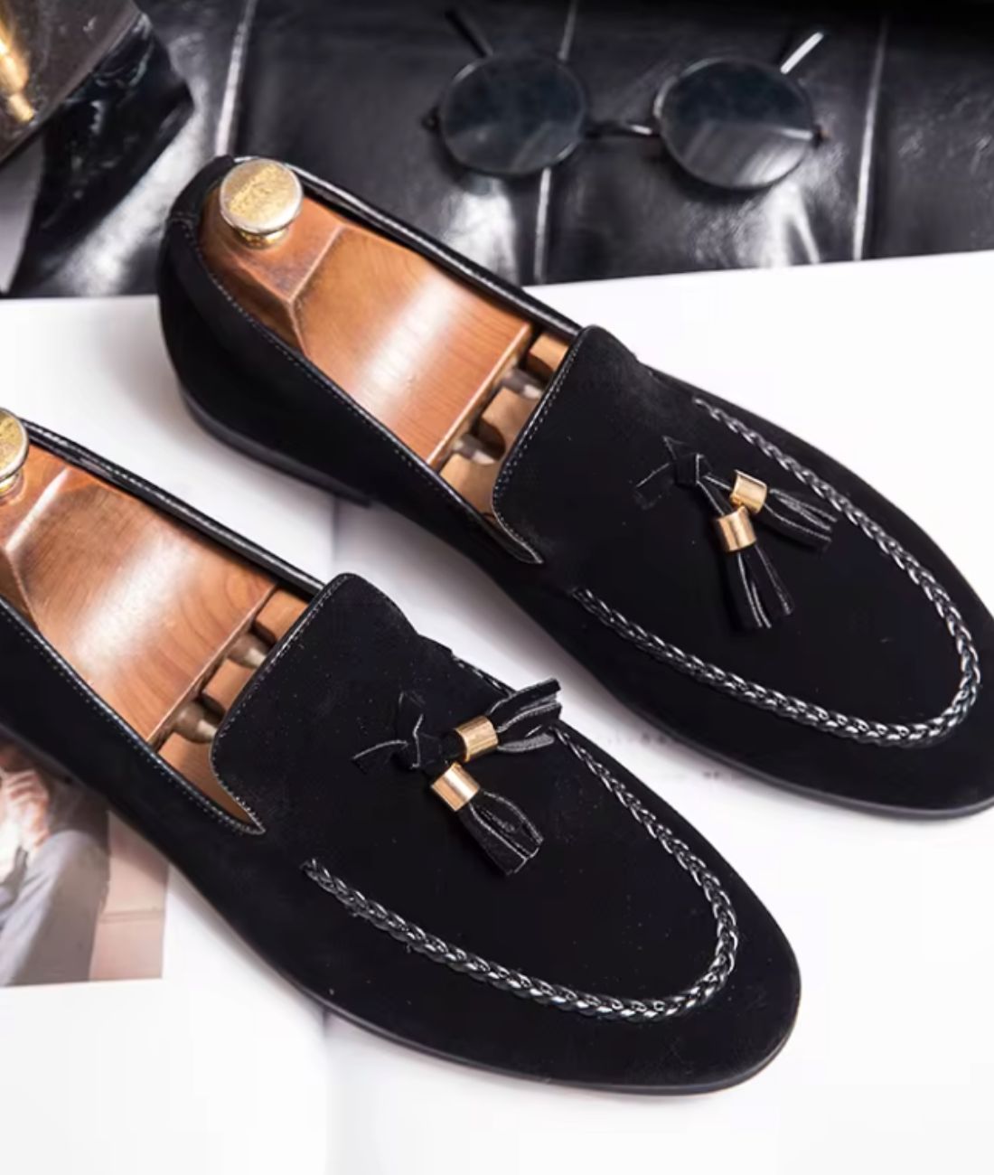 Men’s Tassel Braided Trim Suede Loafers Deep Black
