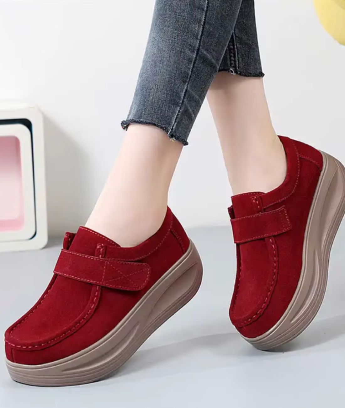 Women’s Platform Suede Loafers With Velcro Strap Vermilion Red