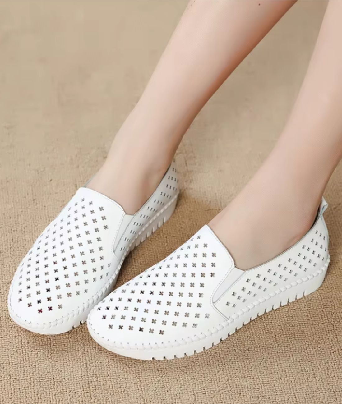 Women’s Cream Slip On Leather Loafers Textured Sole Summer