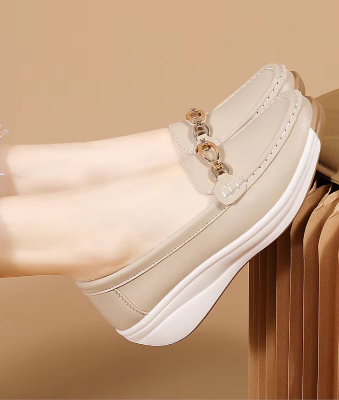 Women’s Horsebit Patent Leather Wedge Loafers Sand Beige