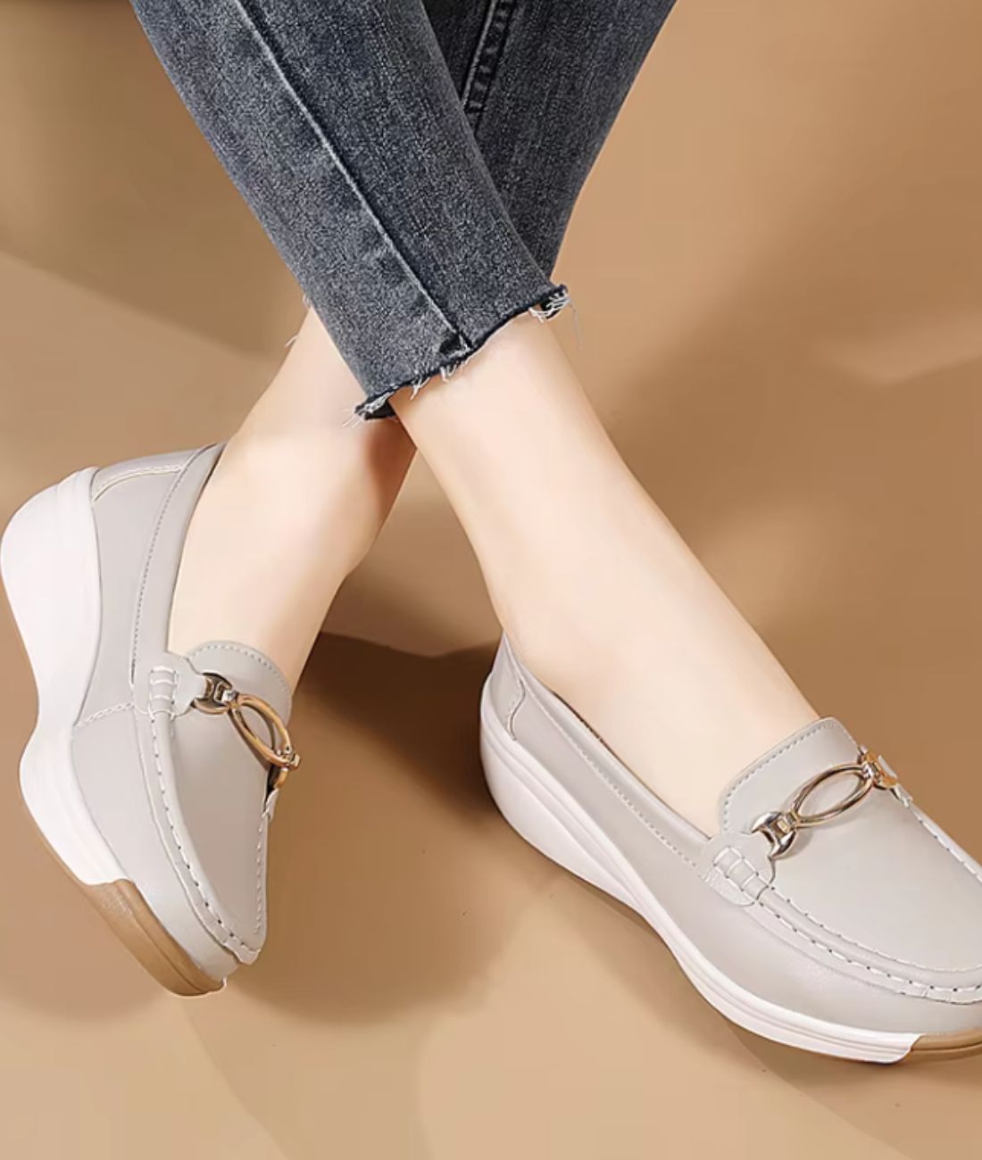 Women’s Horsebit Patent Leather Wedge Loafers Sand Beige