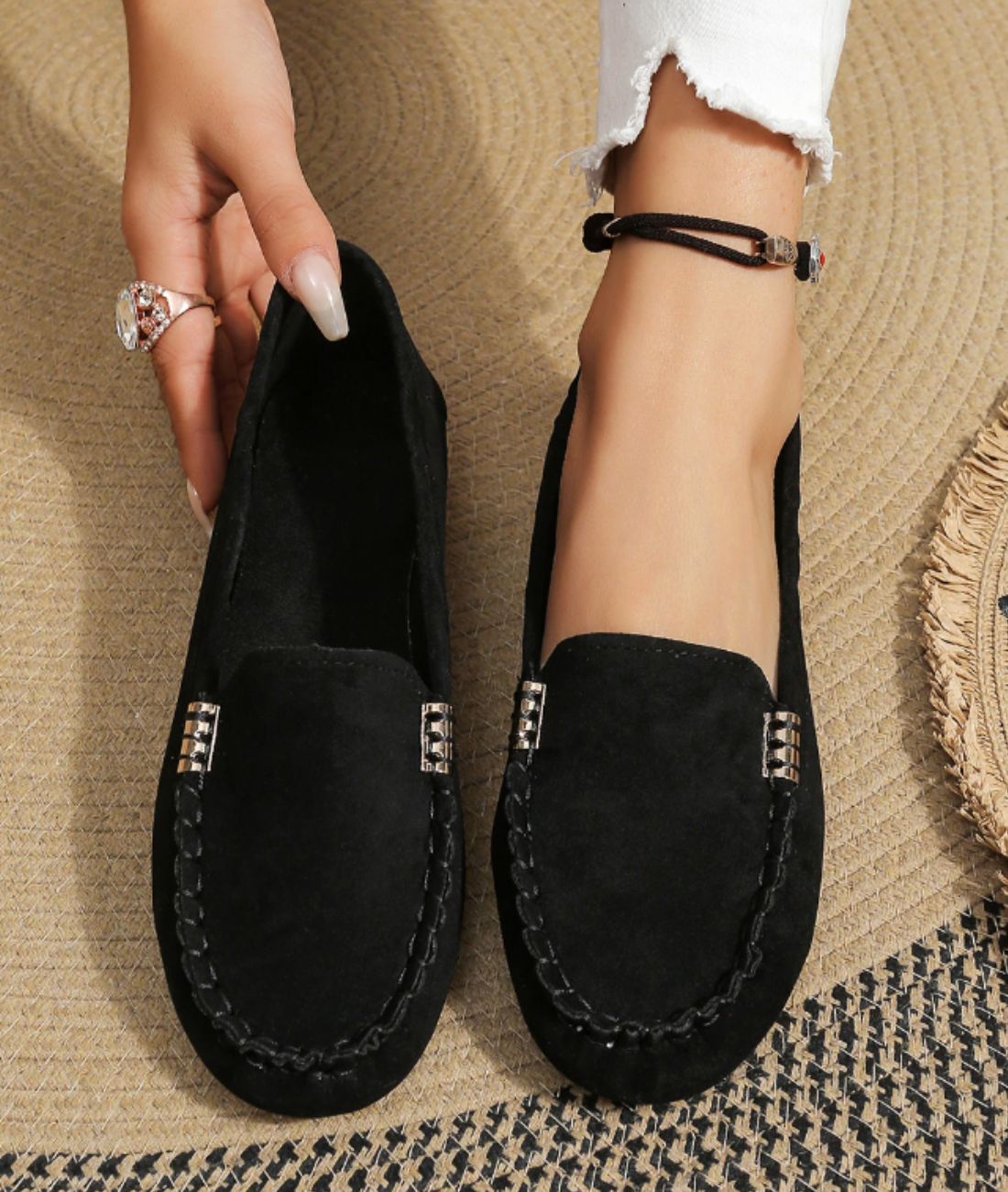 Women’s Slip On Pointed Toe Suede Loafers Deep Black