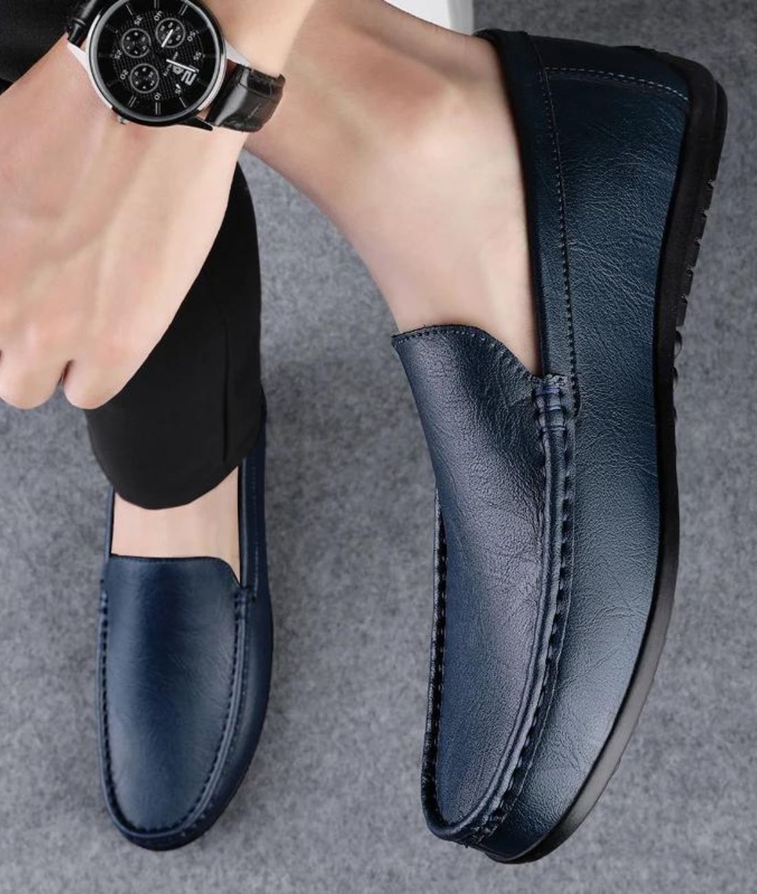 Men’s Slip On Leather Loafers Navy With Pointed Toe