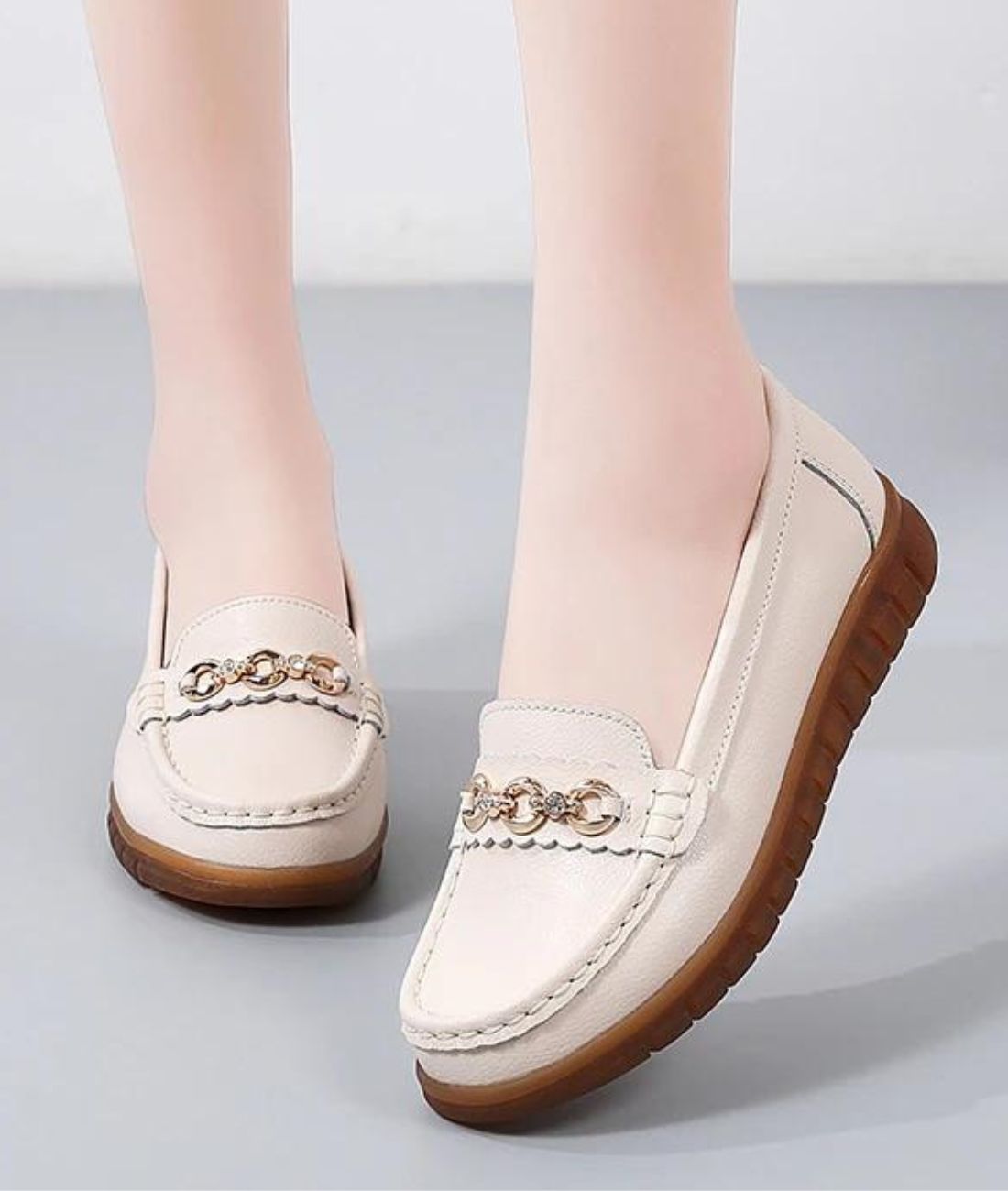 Women’s Slip On Leather Loafers Off White Brown Rubber Sole
