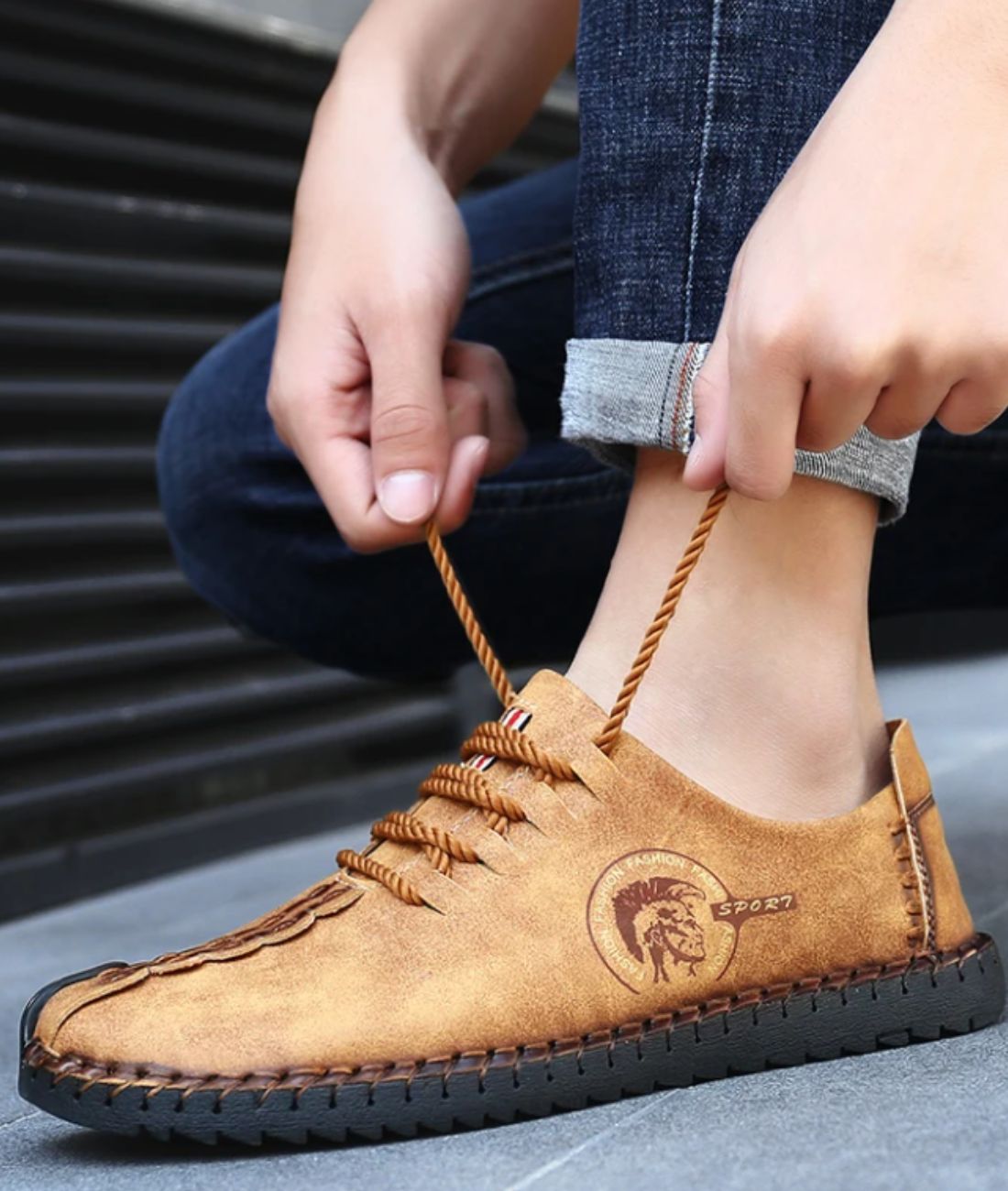 Men’s Lace Up Leather Loafers Camel