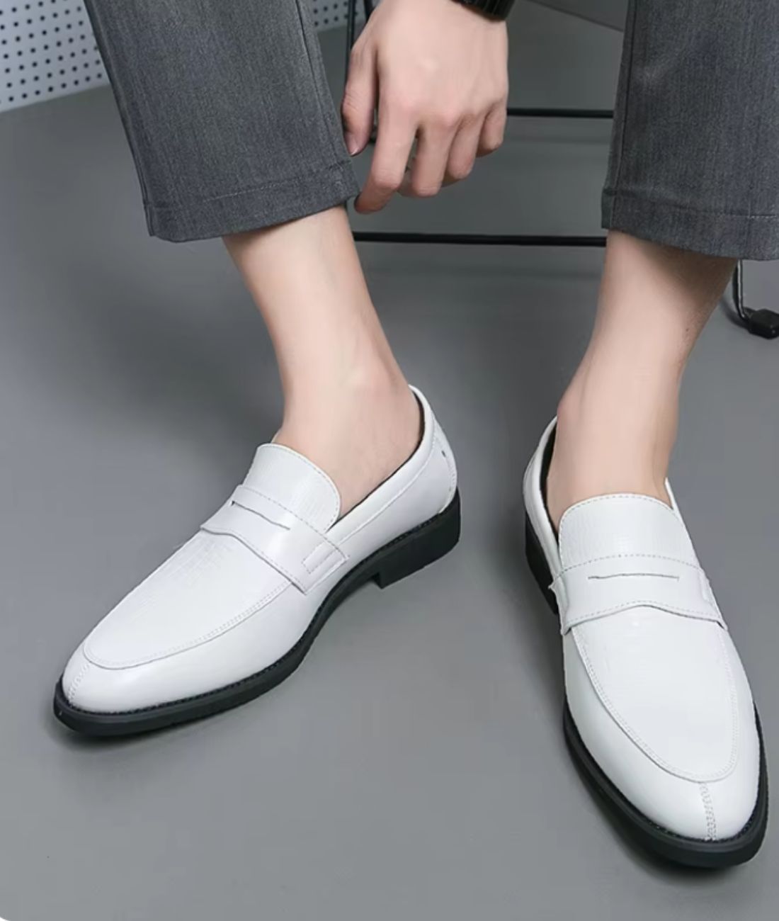 Men’s Penny Leather Loafers Off White Black Sole
