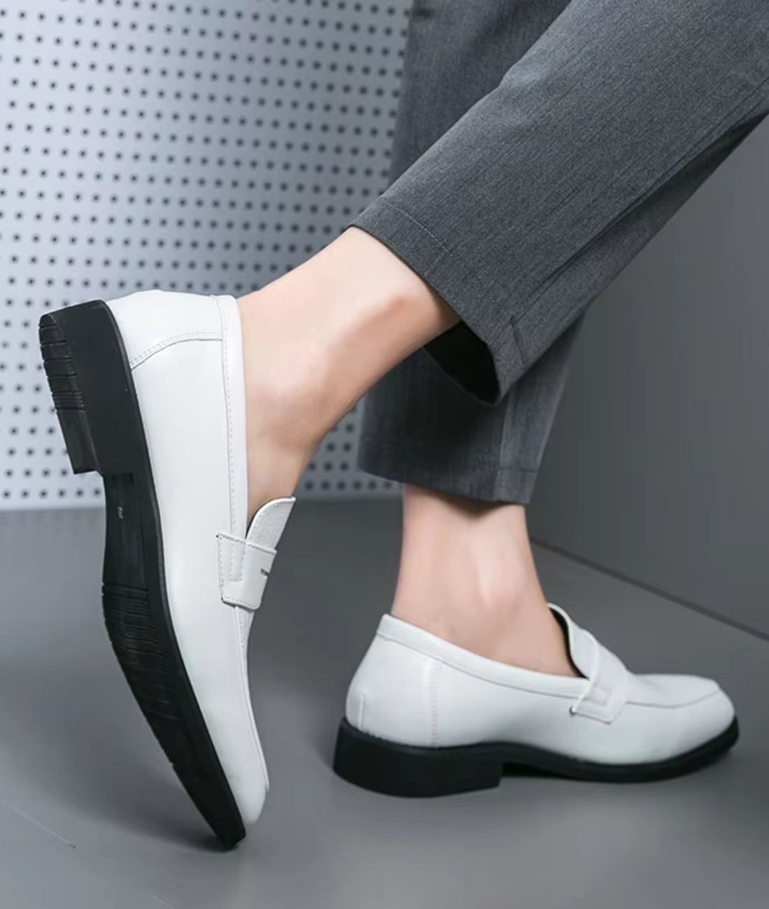 Men’s Penny Leather Loafers Off White Black Sole