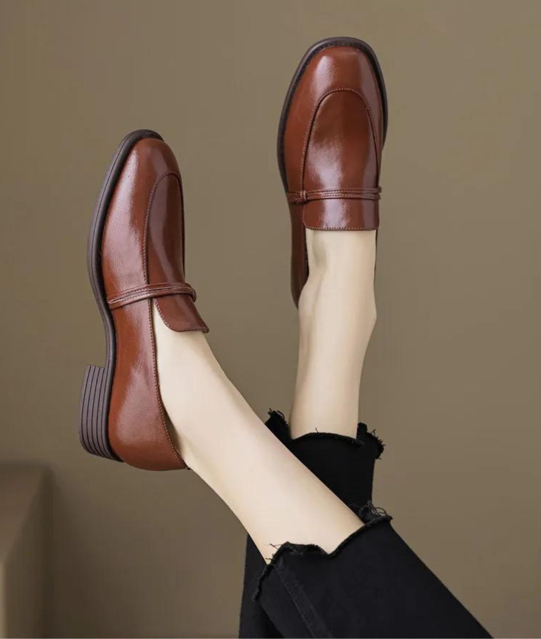Women’s Low Heel Patent Leather Loafers Coffee Brown