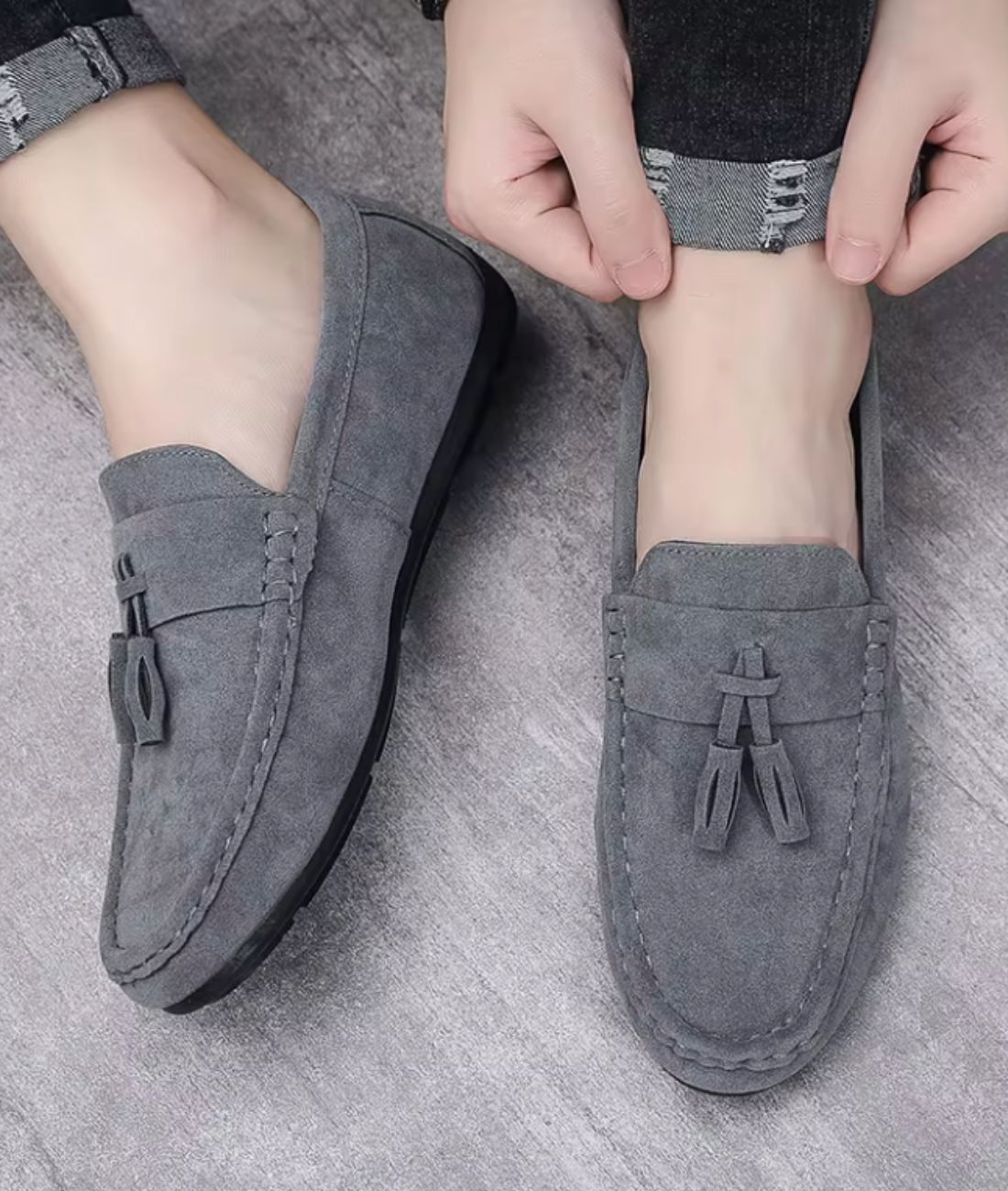 Men’s Tassel Suede Loafers Grey Pointed Toe Patent