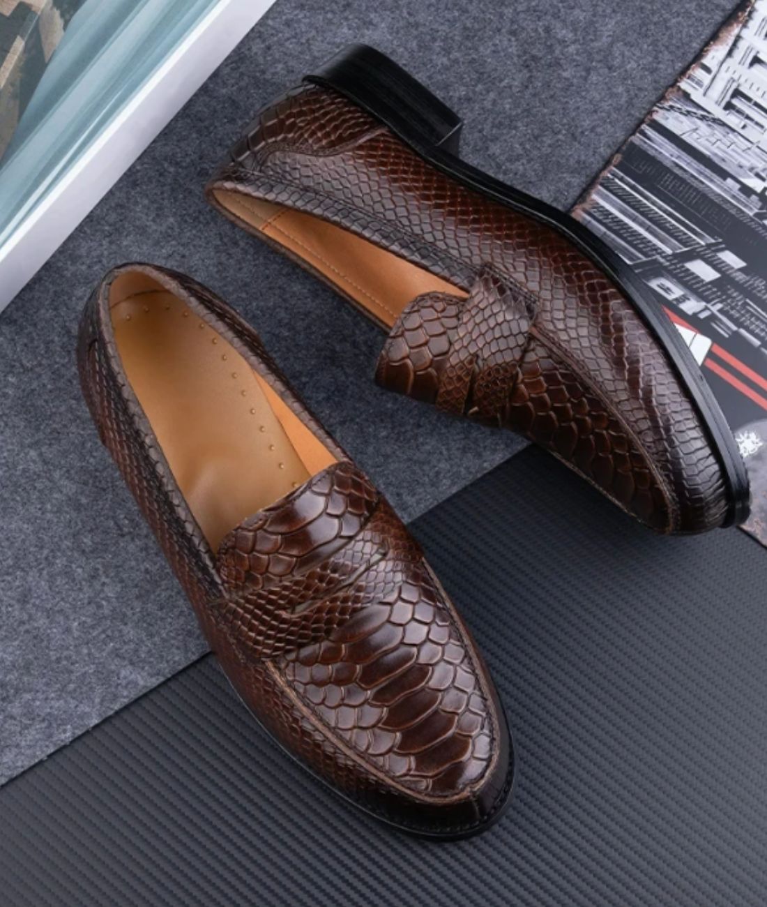 Men’s Slip On Patent Leather Loafers Coffee Brown