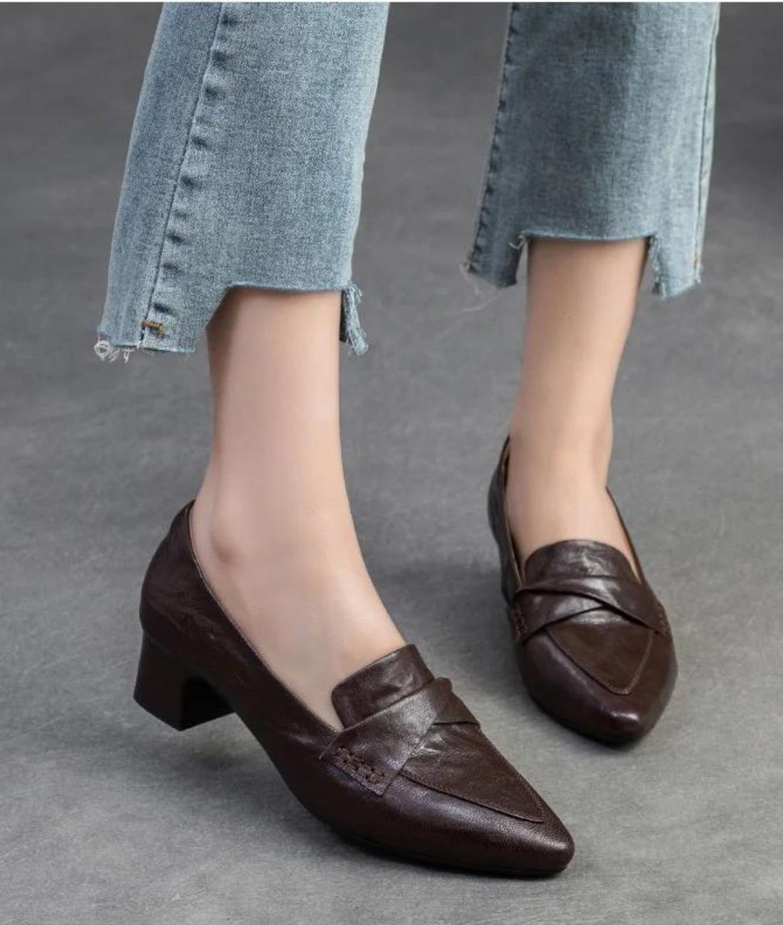 Women’s Low Heel Leather Loafers Coffee Brown