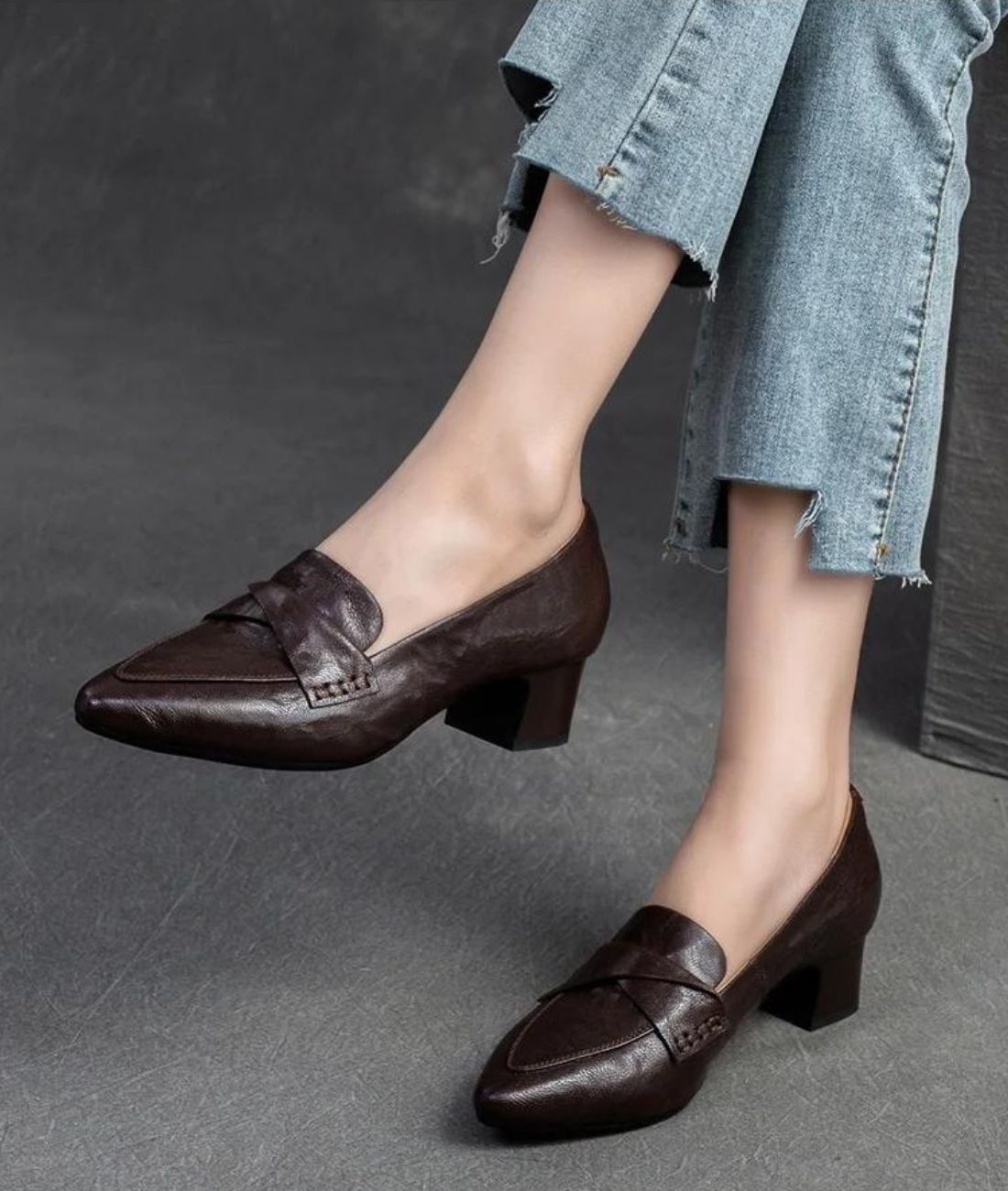 Women’s Low Heel Leather Loafers Coffee Brown