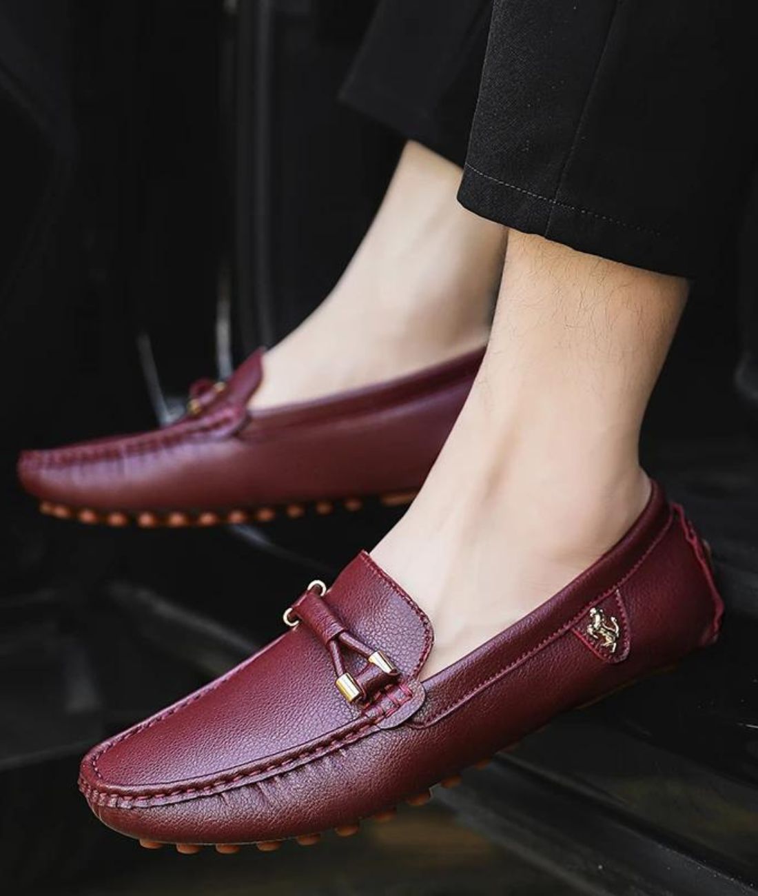 Men’s Driving Leather Loafers Burgundy Gold Horsebit Buckle