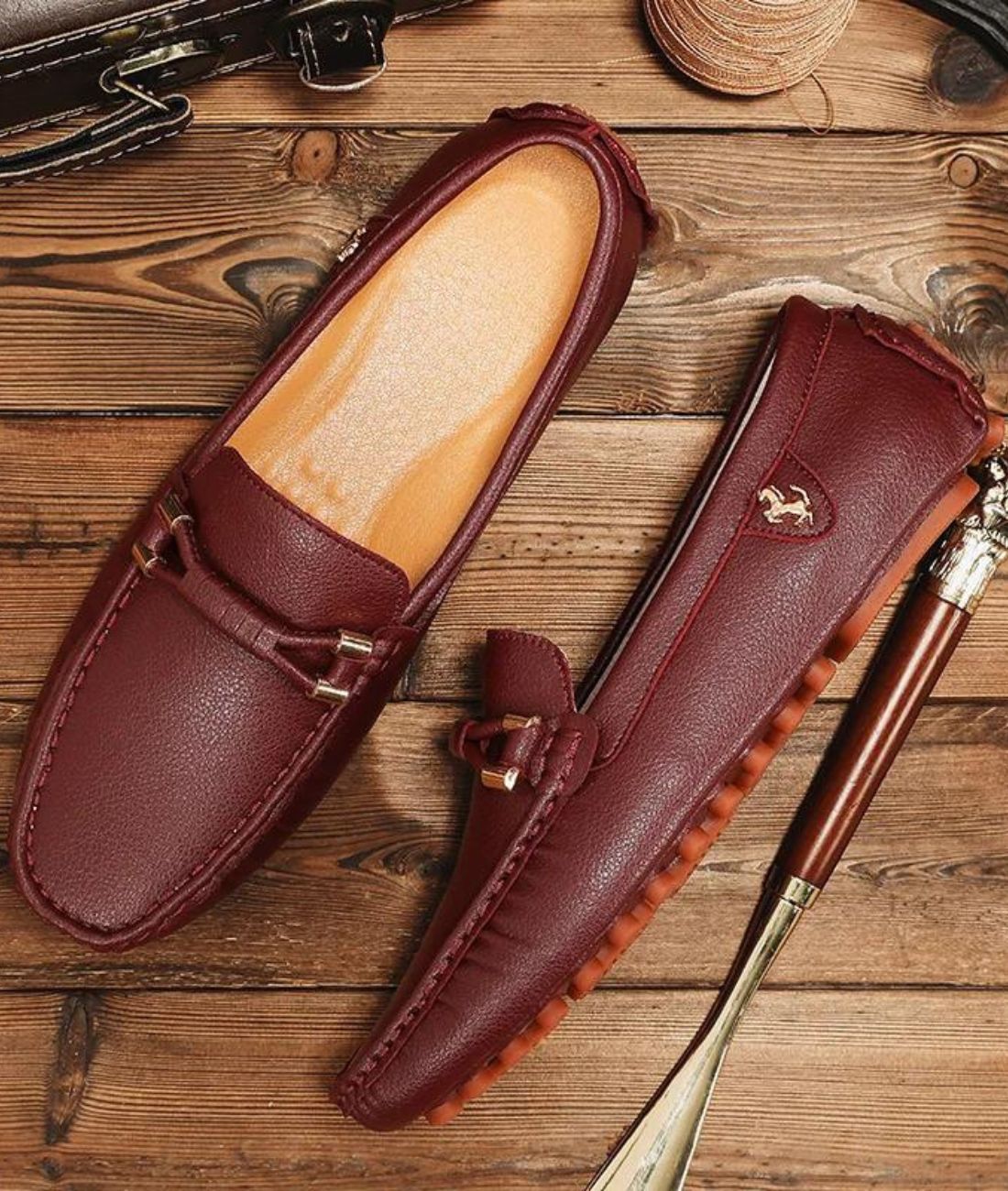 Men’s Driving Leather Loafers Burgundy Gold Horsebit Buckle