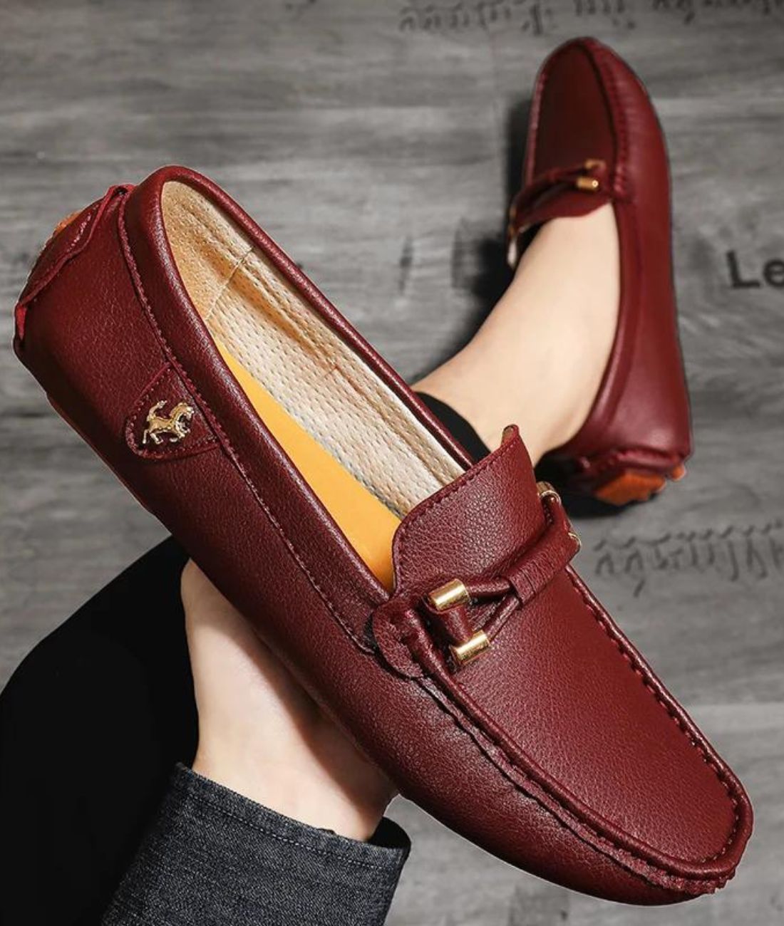 Men’s Driving Leather Loafers Burgundy Gold Horsebit Buckle