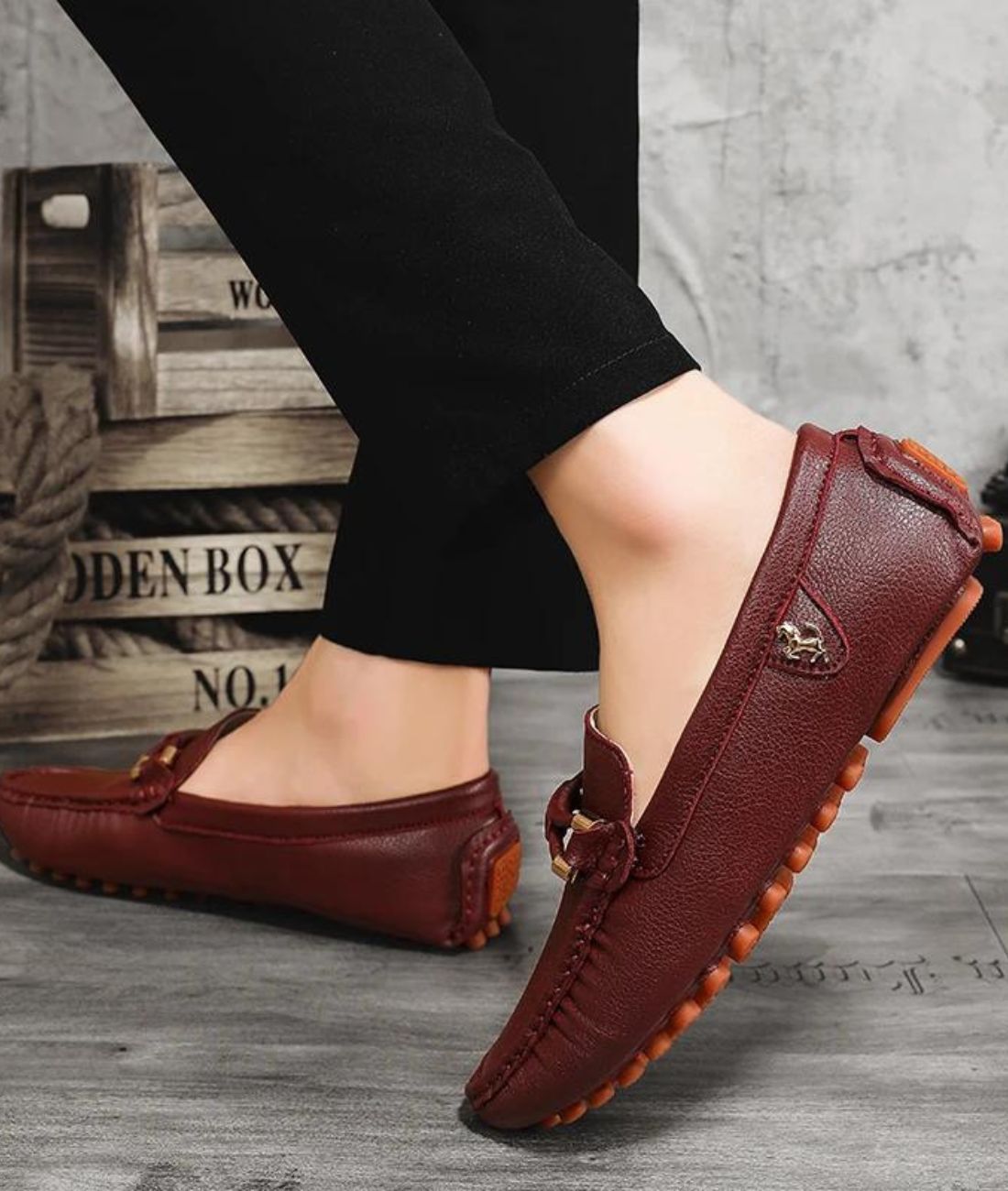 Men’s Driving Leather Loafers Burgundy Gold Horsebit Buckle