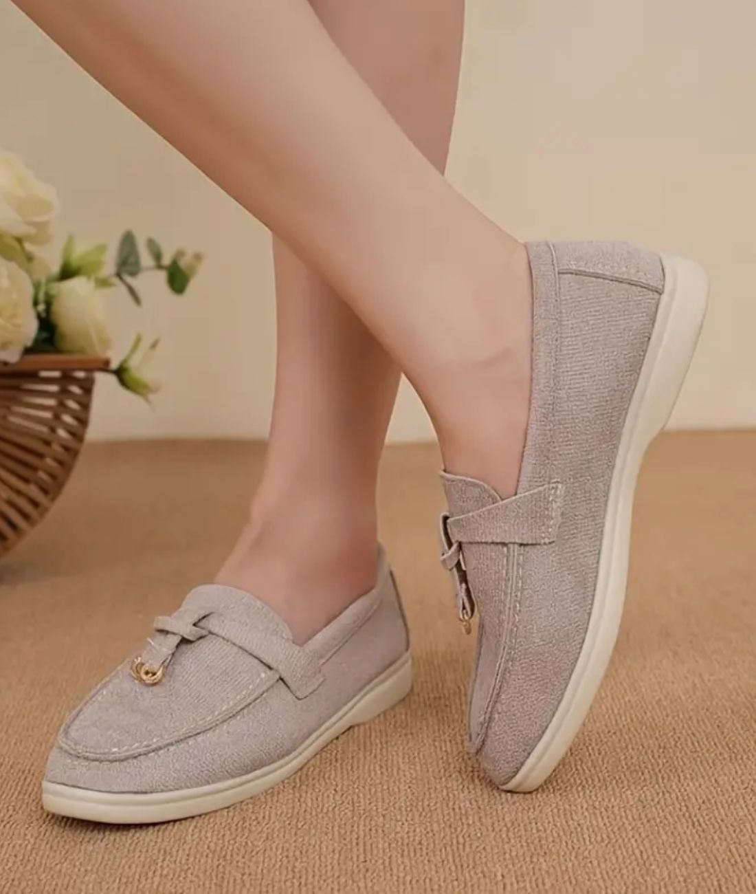 Women’s Slip On Synthetic Leather Loafers in Sand Beige