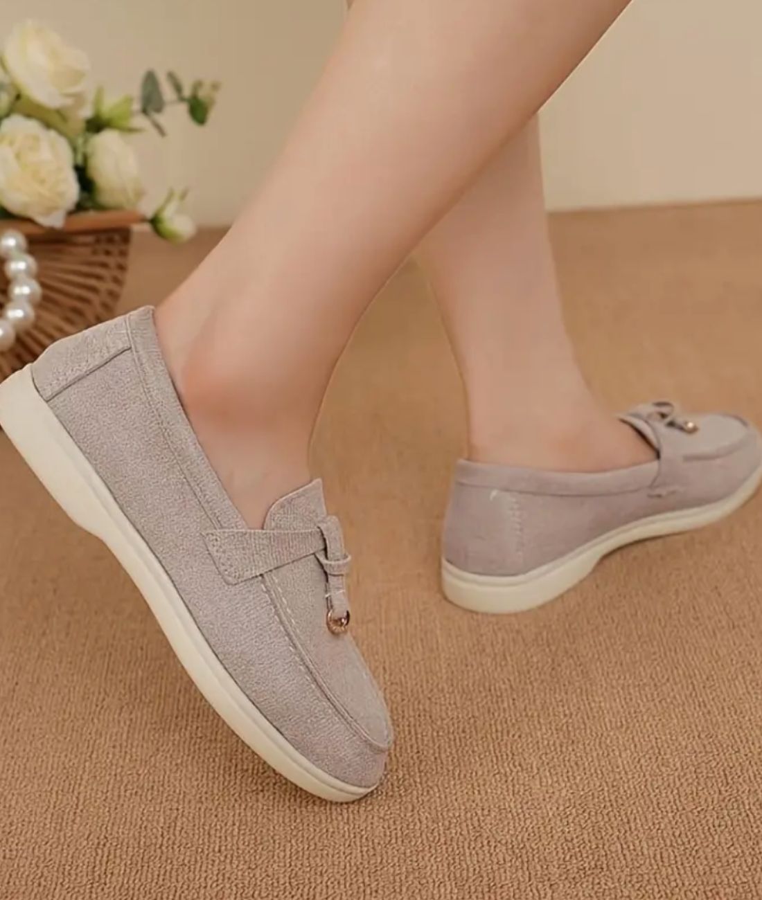 Women’s Slip On Synthetic Leather Loafers in Sand Beige