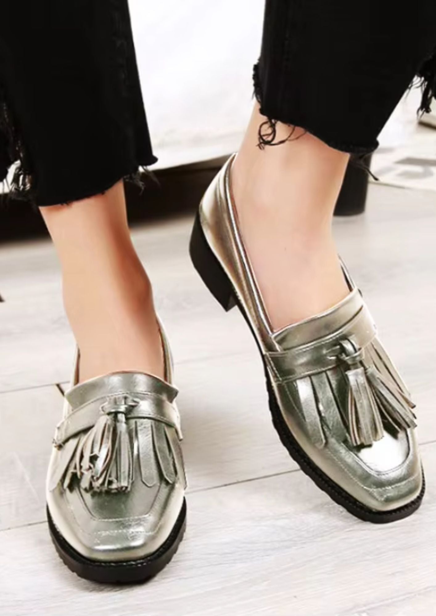 Womens Tassel Patent Leather Loafers Grey Pointed Toe
