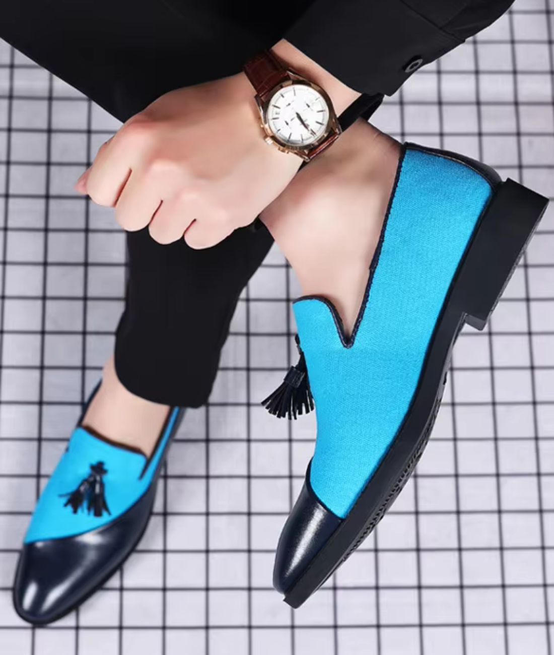 Men’s Pointed Tassel Leather Loafers Blue