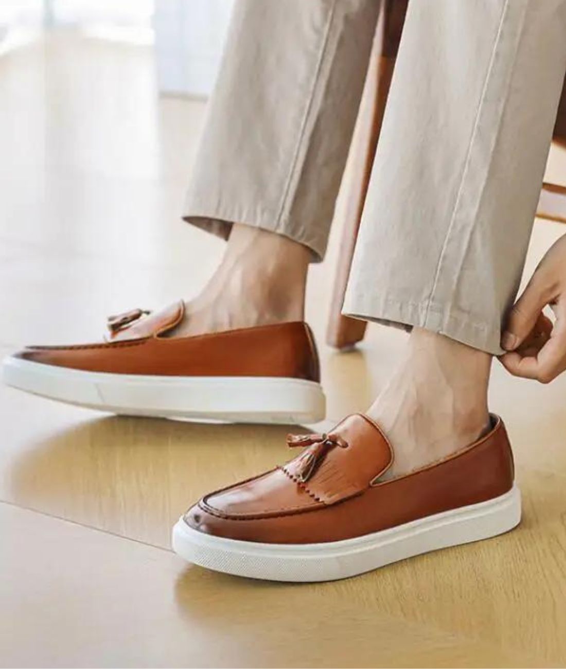 Men’s Tassel Patent Leather Loafers Cognac Brown Pointed Toe