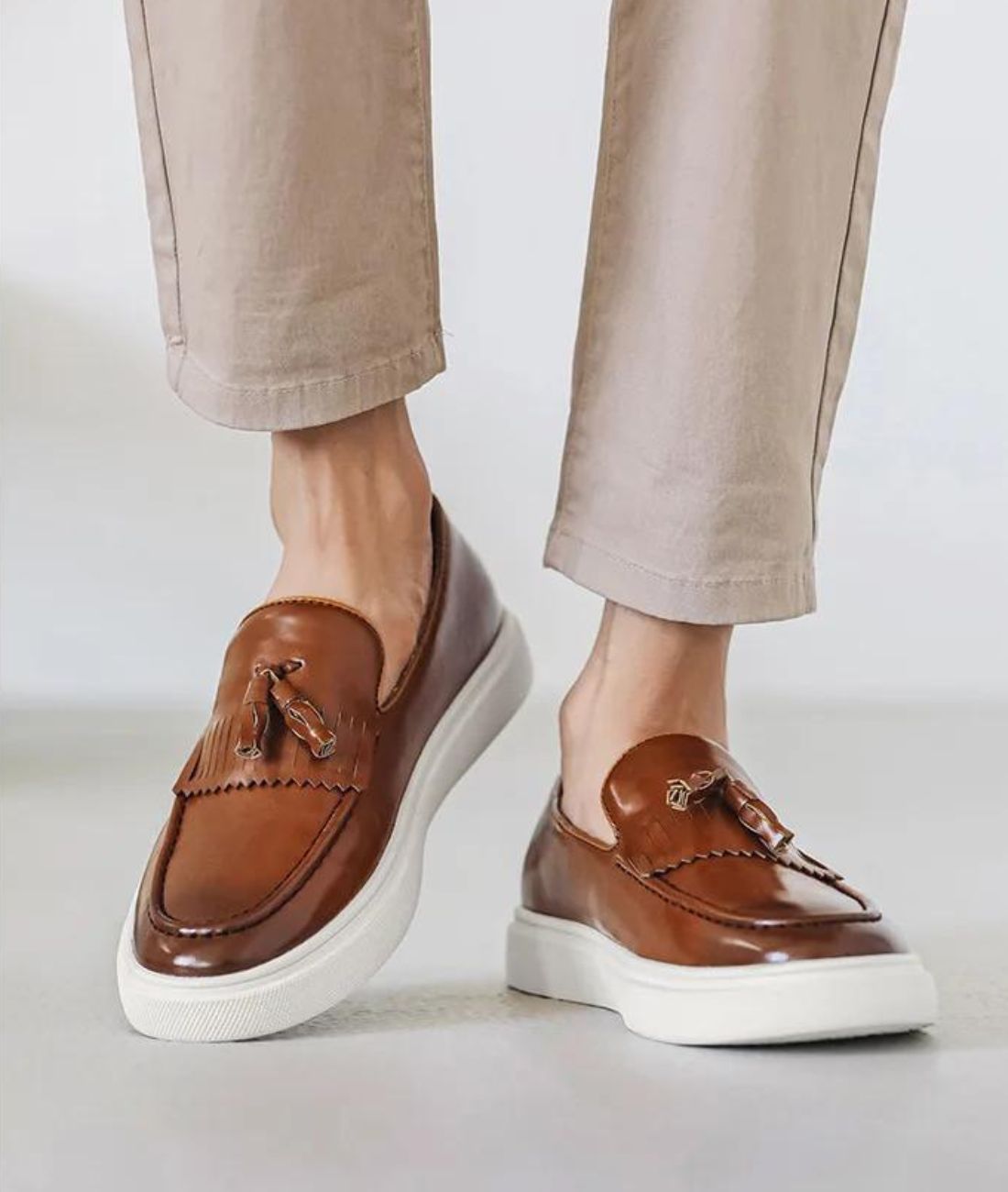 Men’s Tassel Patent Leather Loafers Cognac Brown Pointed Toe