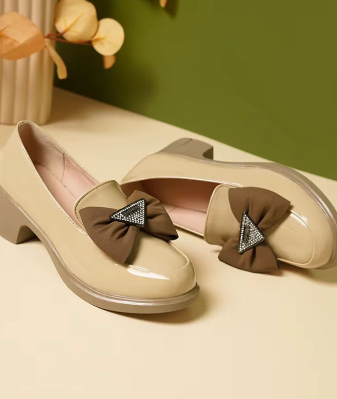 Women’s Heeled Patent Leather Loafers Sand Beige