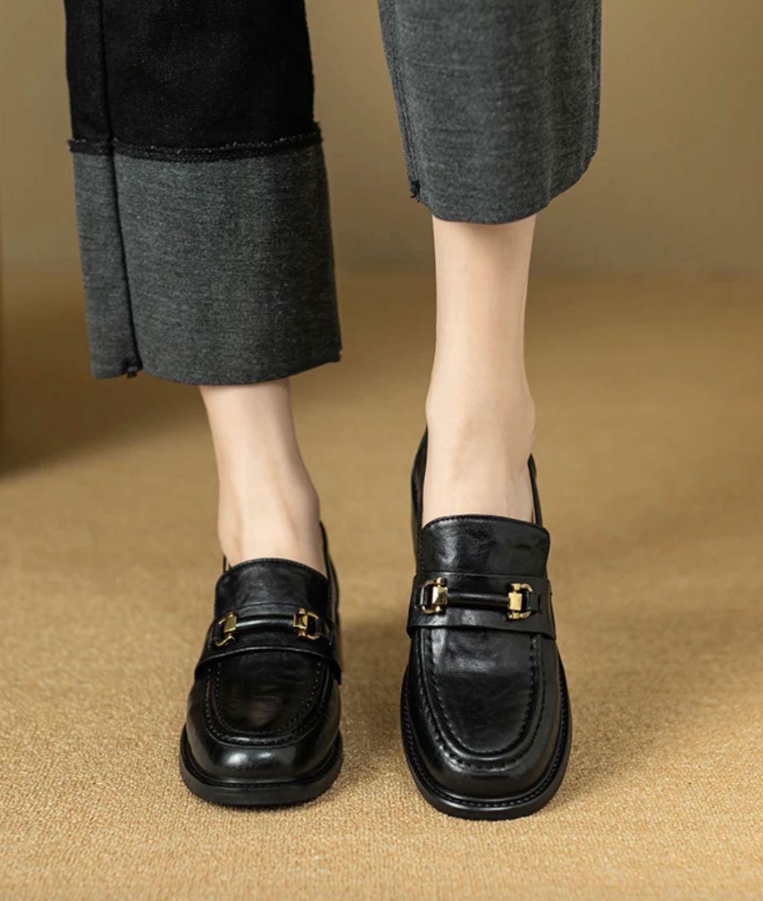 Women’s Low Heel Patent Leather Loafers Cognac Brown