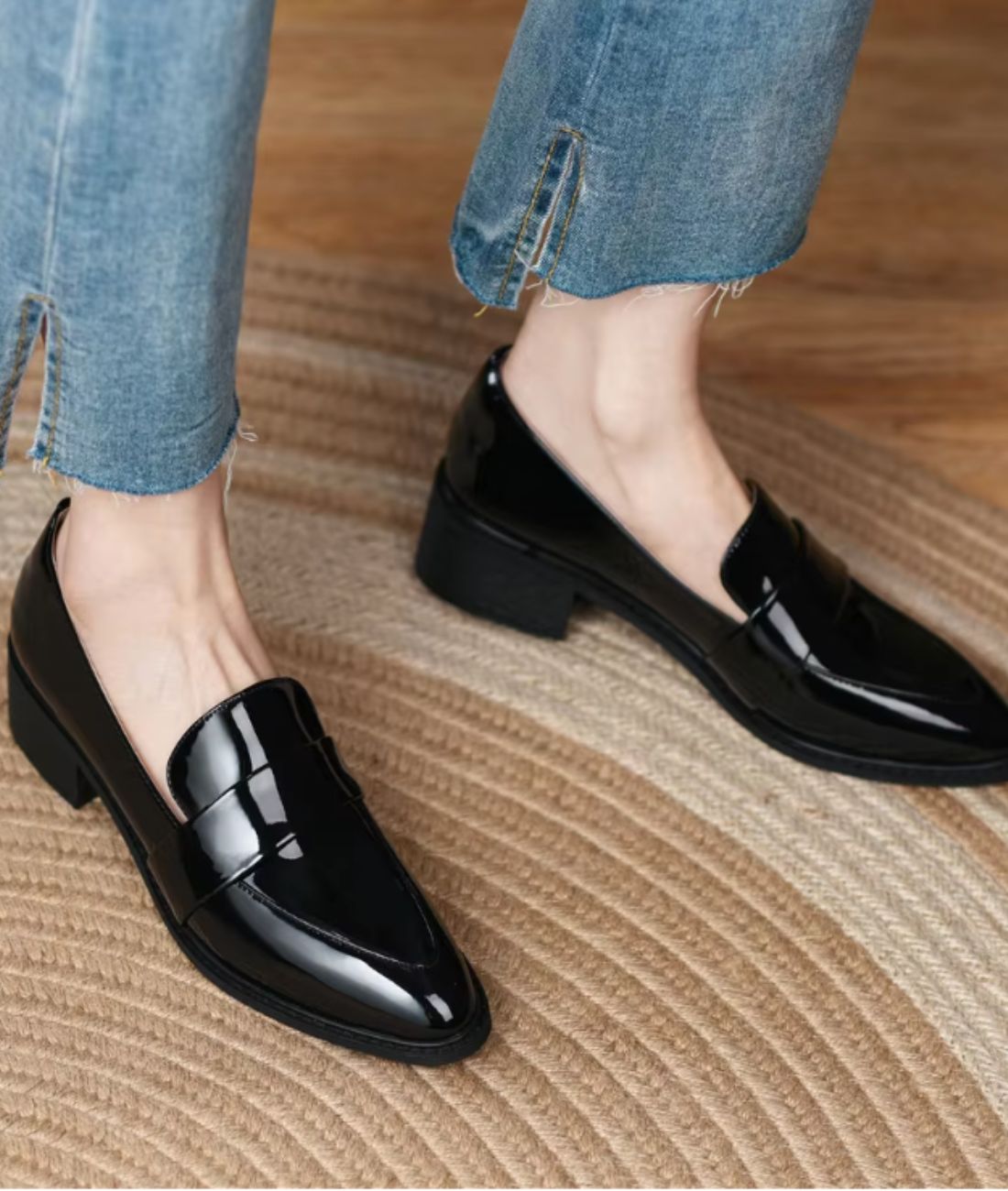 Women’s Low Heel Patent Leather Loafers Deep Black