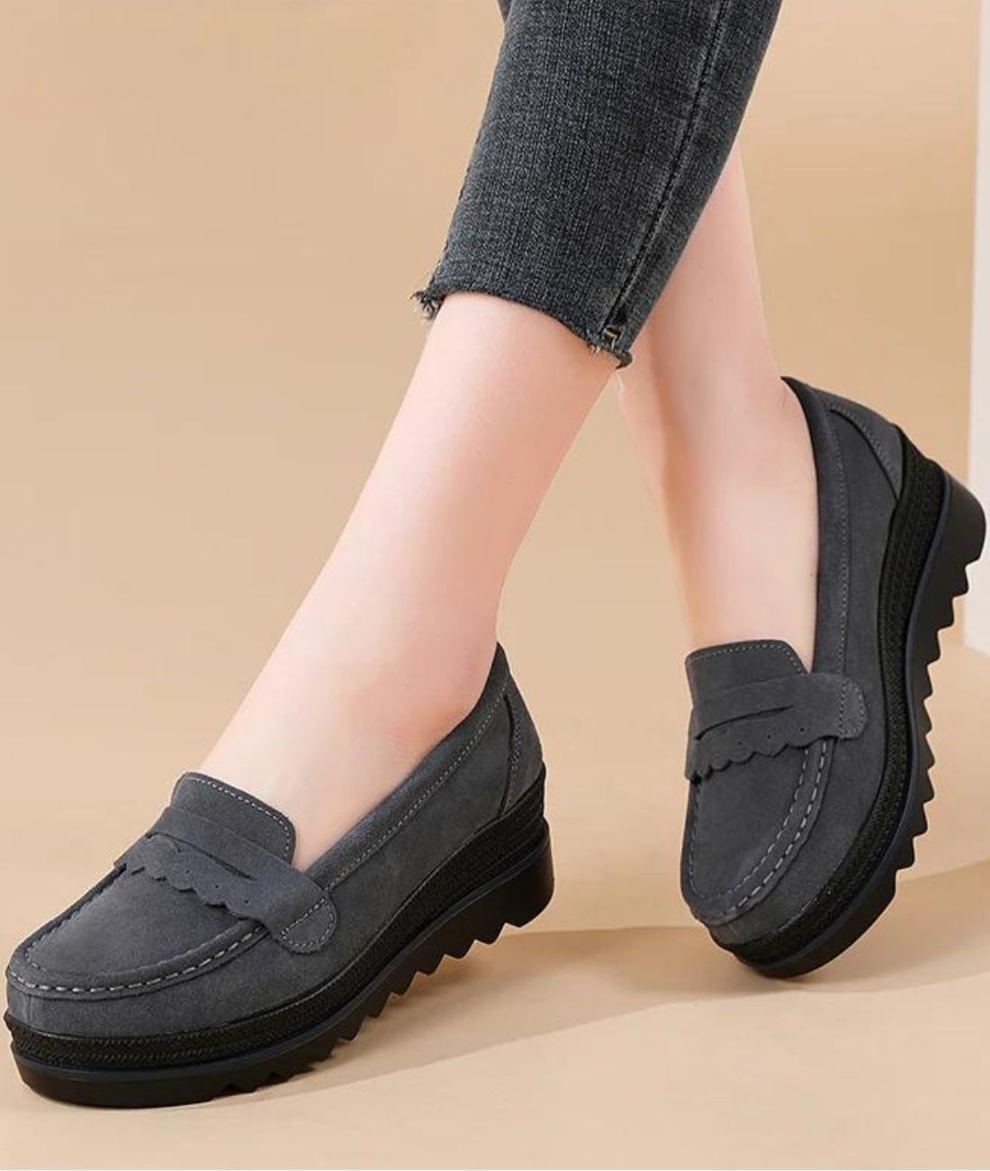 Women’s Heeled Suede Loafers Grey
