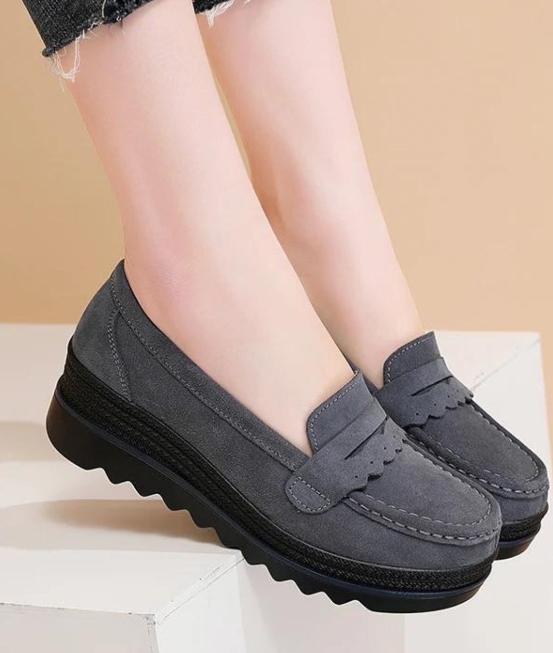 Women’s Heeled Suede Loafers Grey