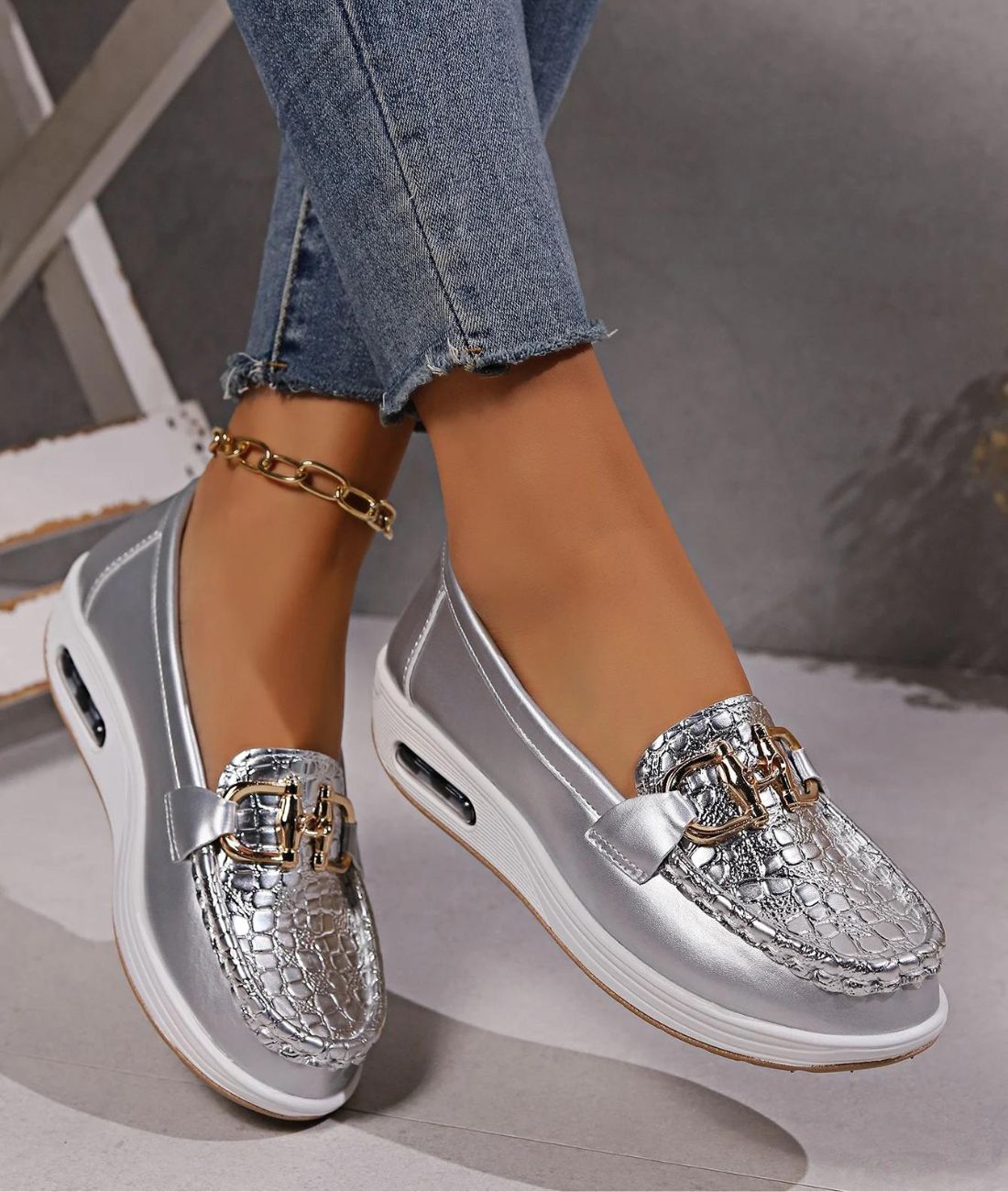 Women’s Platform Leather Loafers Grey
