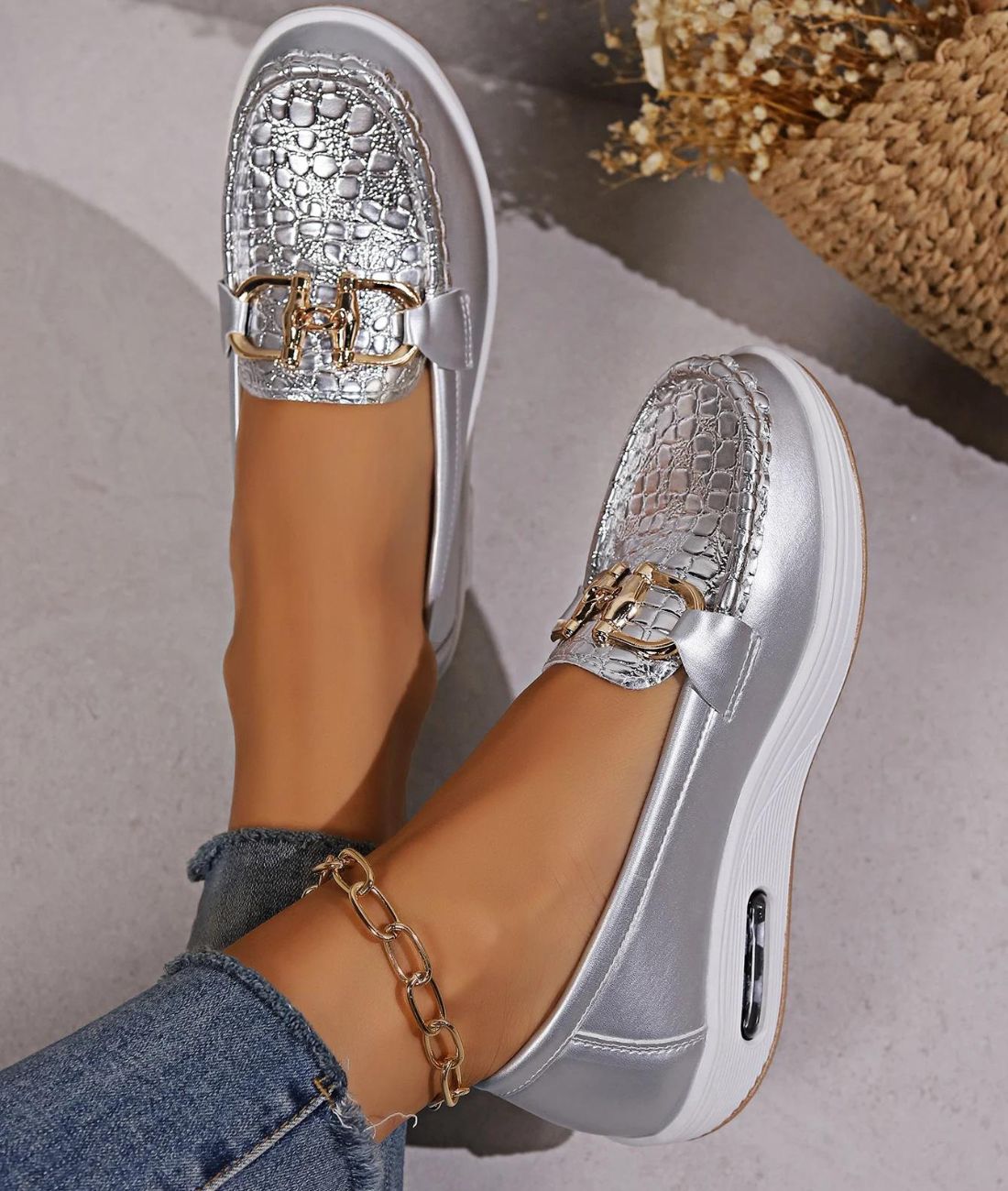 Women’s Platform Leather Loafers Grey