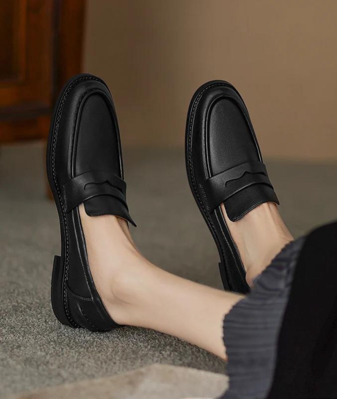 Women’s Penny Leather Loafers Deep Black Pointed Toe