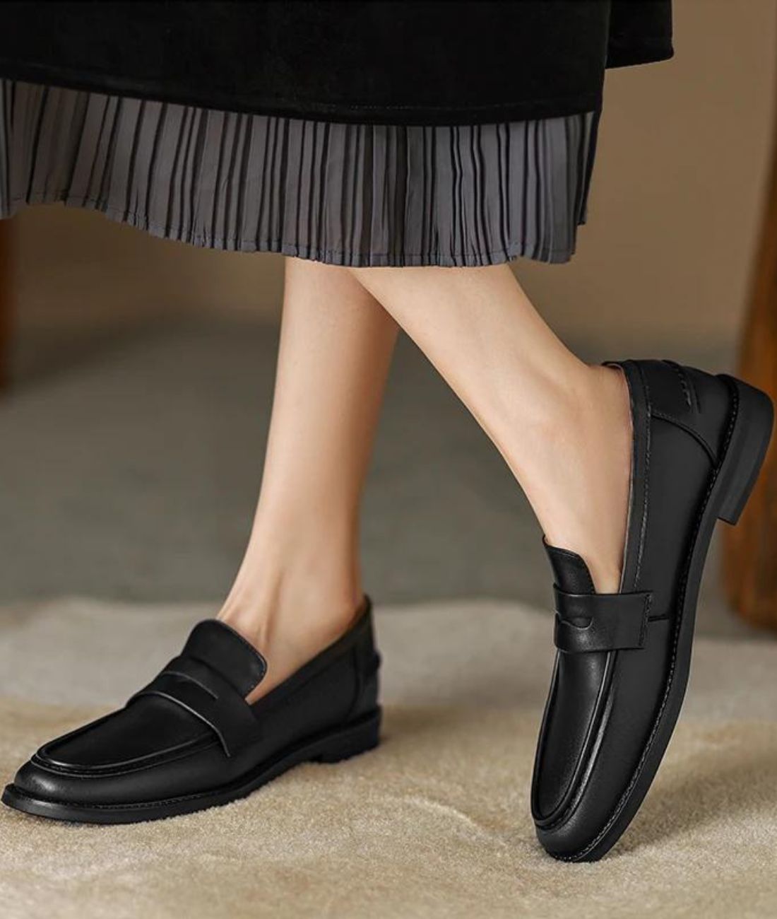 Women’s Penny Leather Loafers Deep Black Pointed Toe