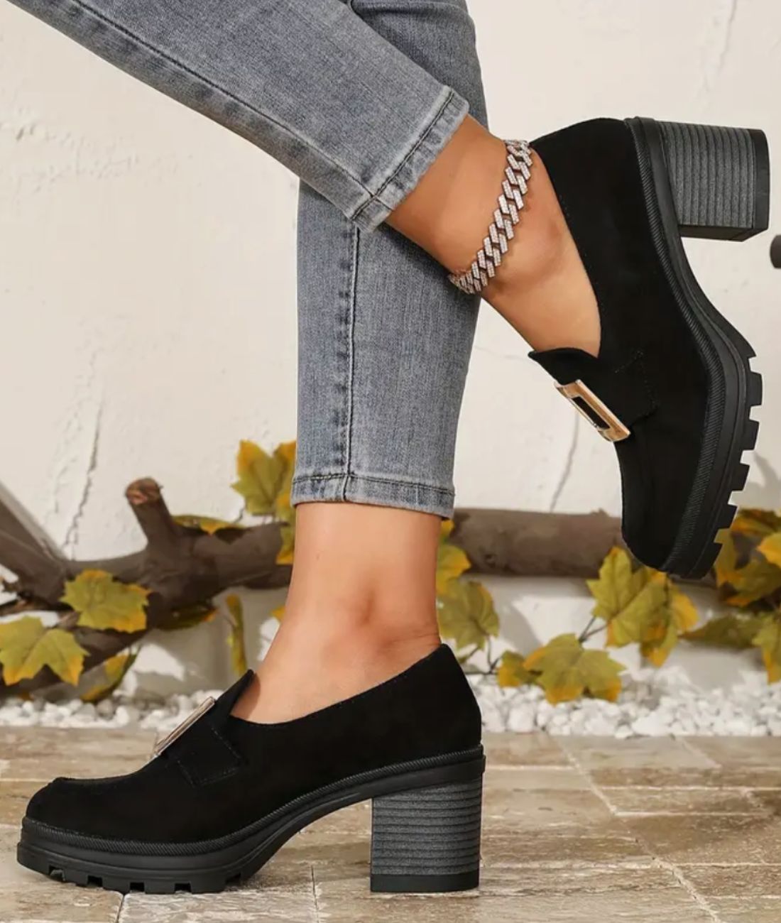 Women’s Heeled Suede Loafers Deep Black
