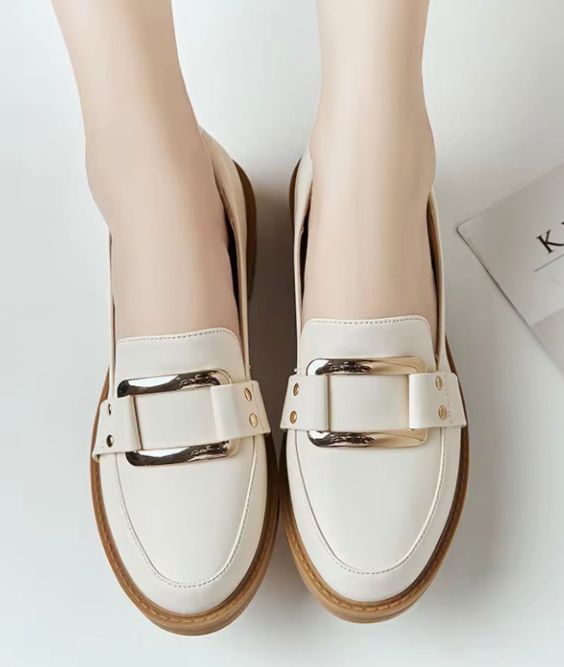 Women’s Slip On Leather Loafers Cream Pointed Toe Detail